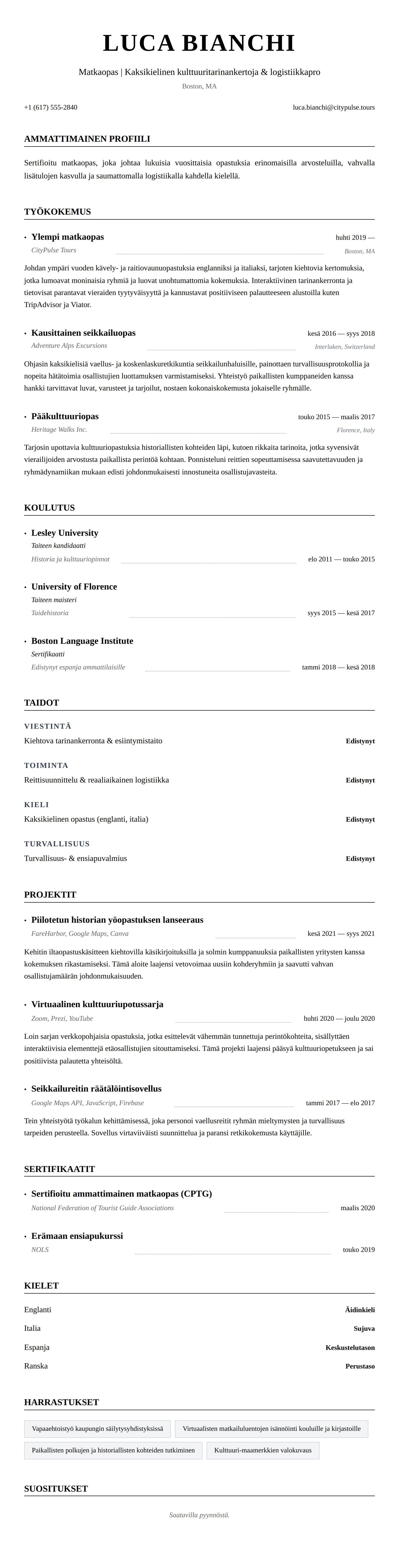 Ansioluetteloesikatselu kohteelle Matkaopas CV-esimerkki