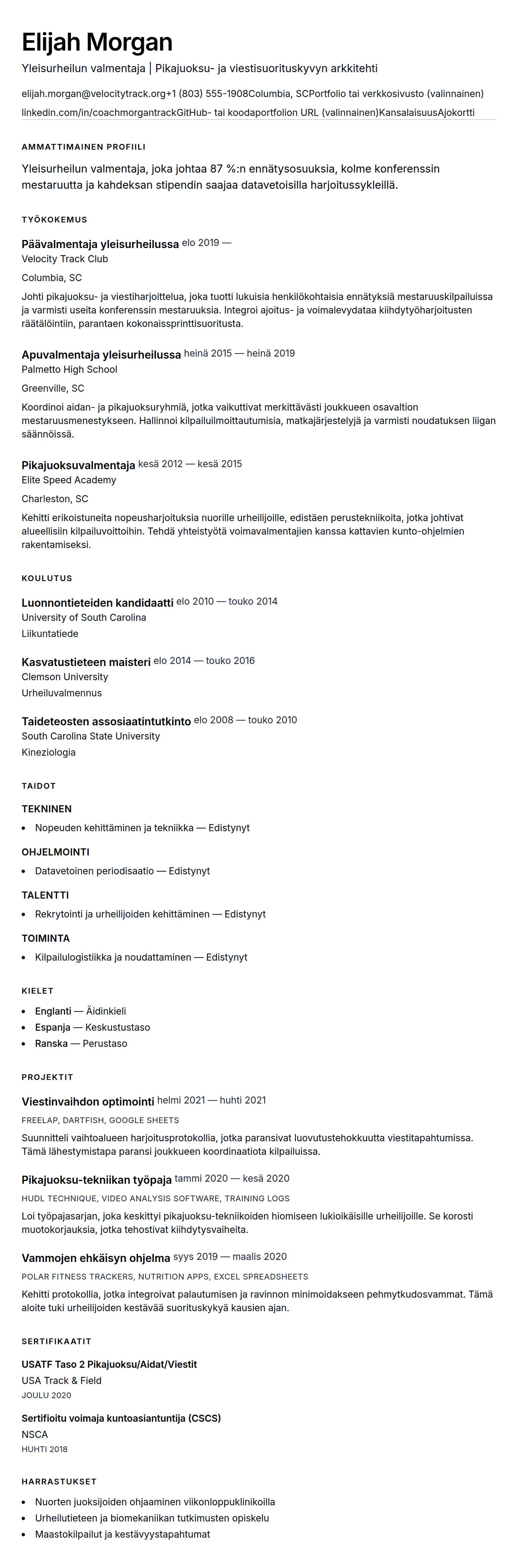 Ansioluetteloesikatselu kohteelle Yleisurheilun valmentajan ansioluettelon esimerkki