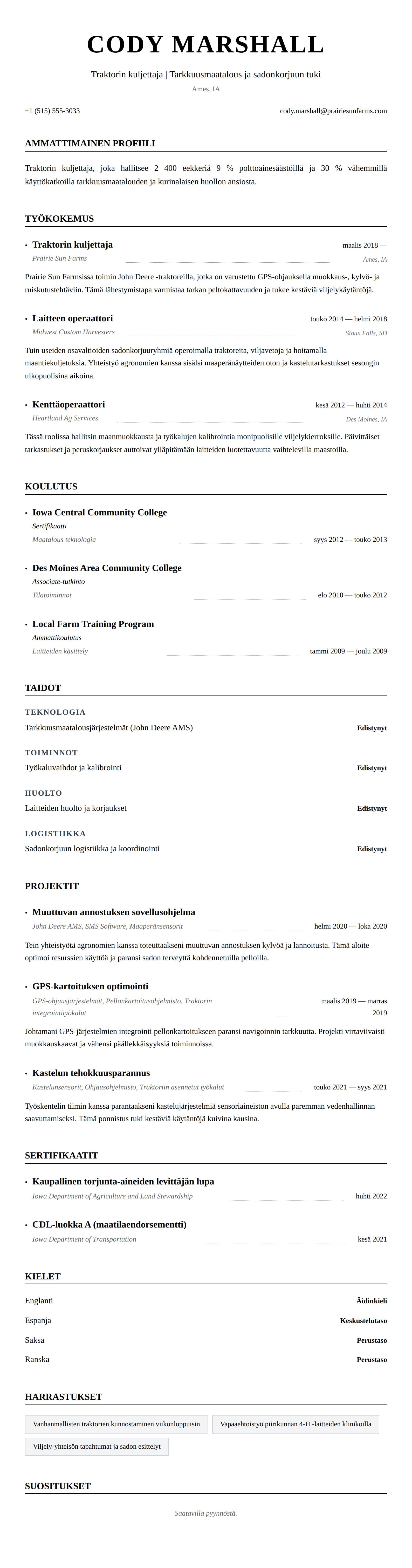 Ansioluetteloesikatselu kohteelle Traktorin kuljettajan CV-esimerkki