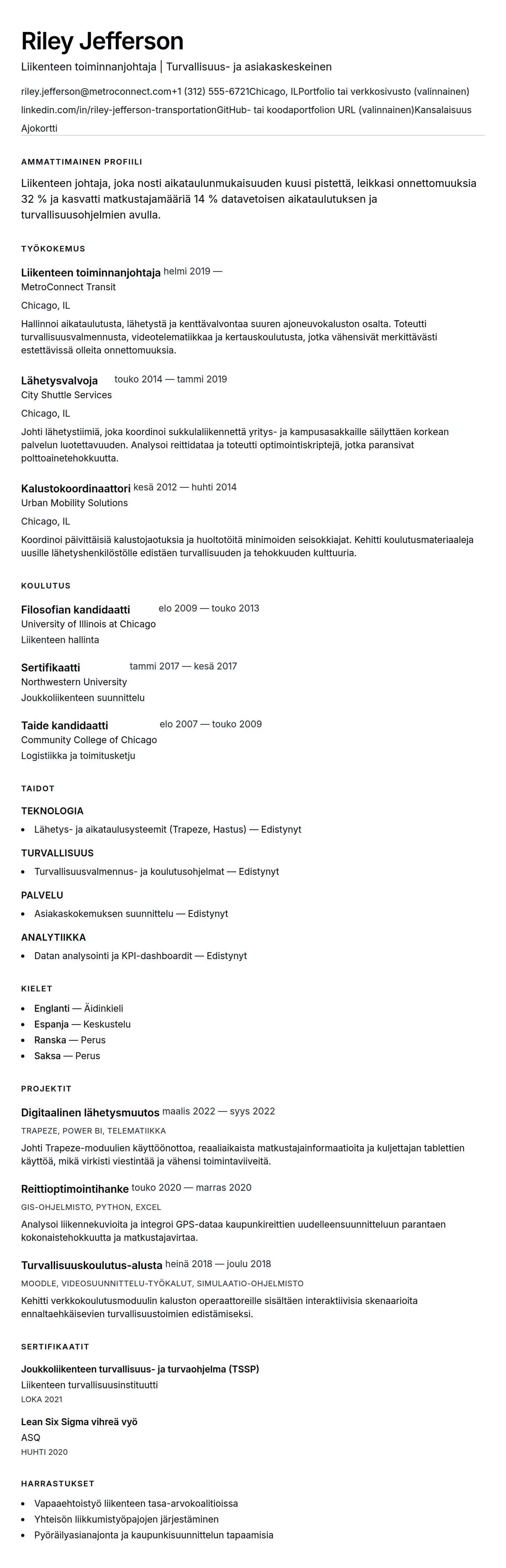Ansioluetteloesikatselu kohteelle Liikenteen ammattilaisen ansioluetteloesimerkki