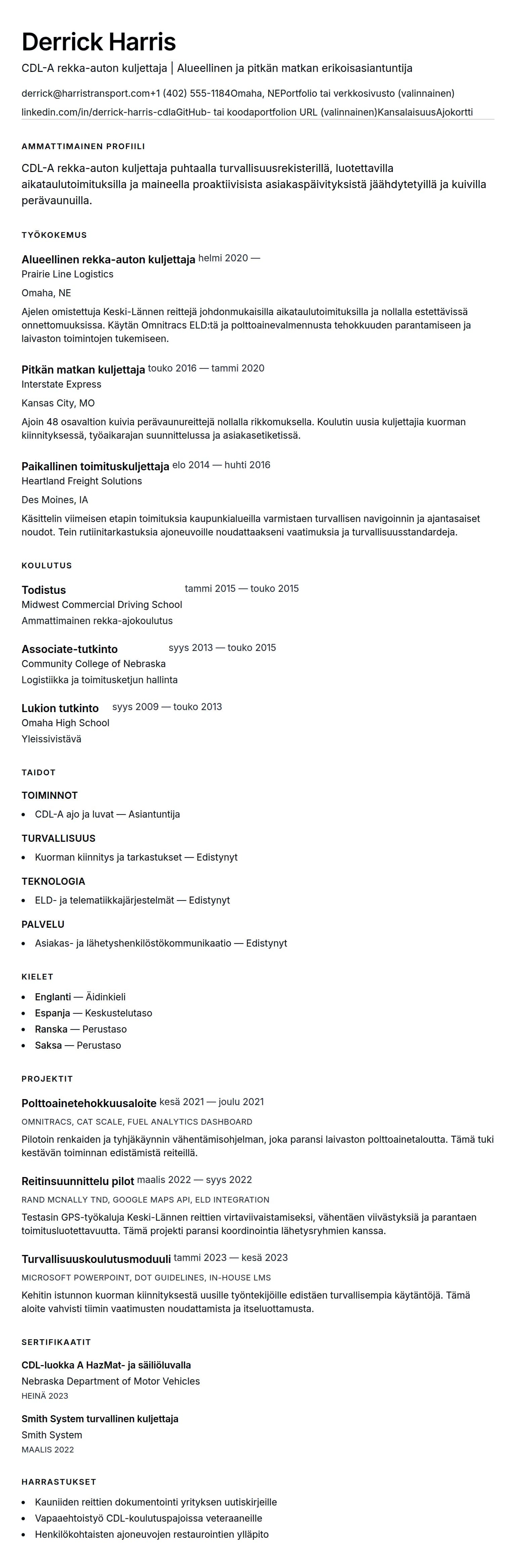 Ansioluetteloesikatselu kohteelle Rekka-auton kuljettajan ansioluetteloesimerkki