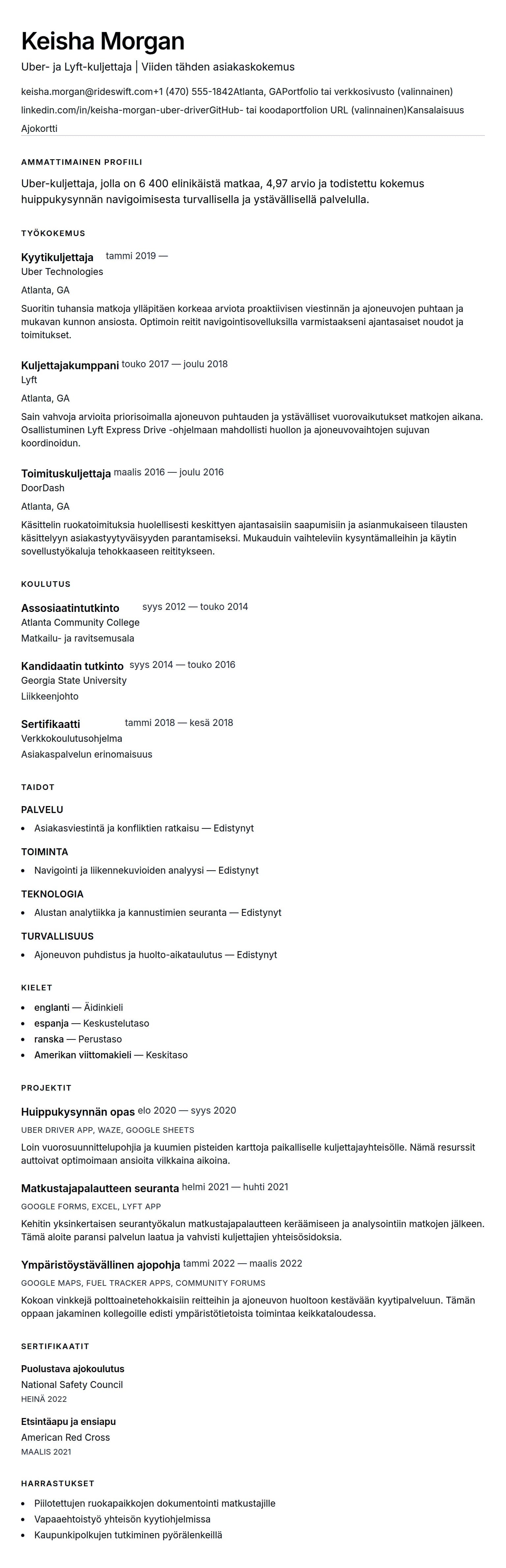 Ansioluetteloesikatselu kohteelle Uber-kuljettajan ansioluettelo-esimerkki