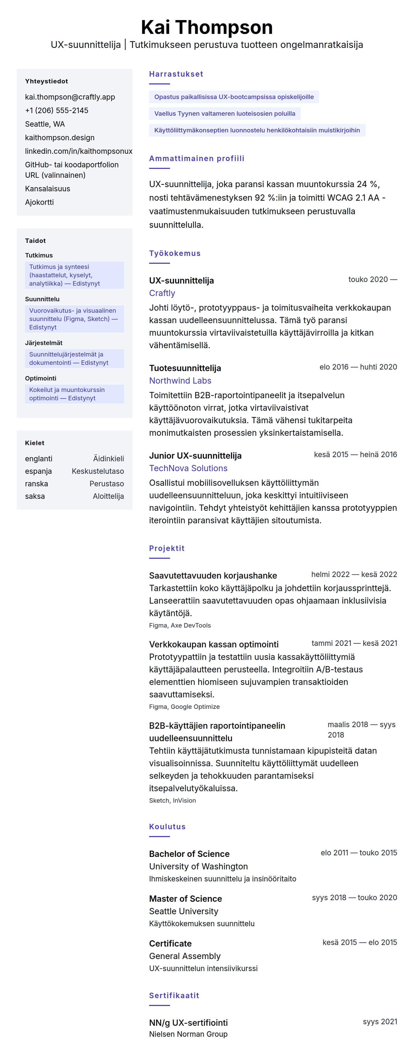 Ansioluetteloesikatselu kohteelle UX-suunnittelijan ansioluetteloesimerkki