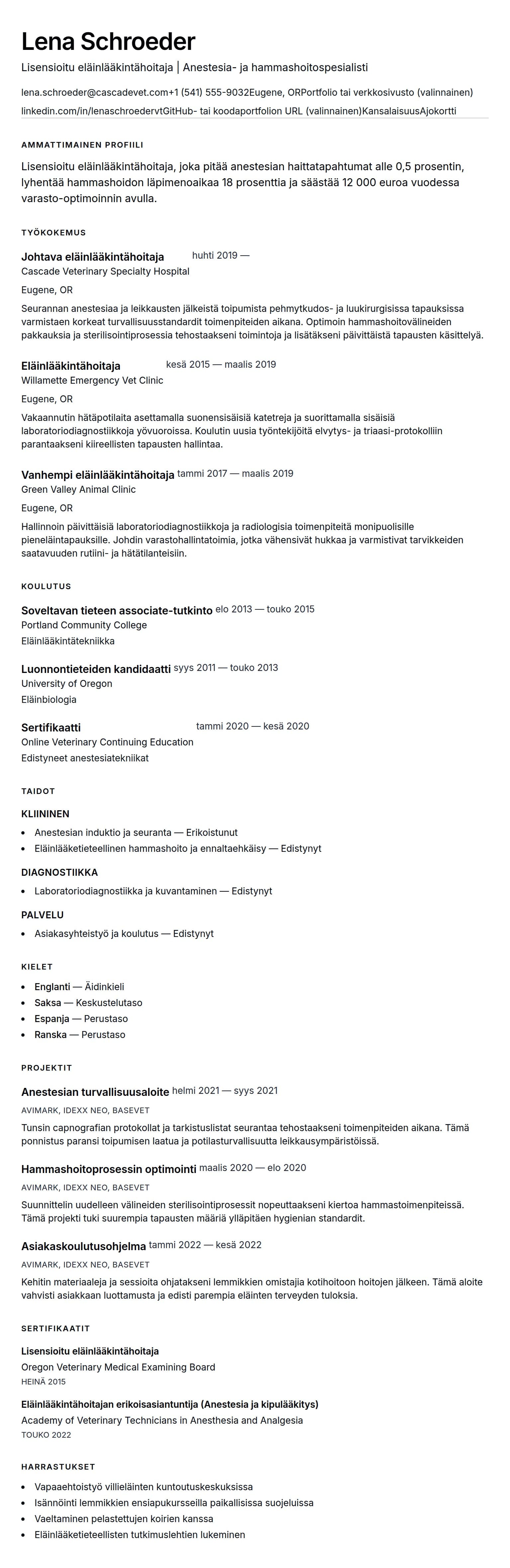Ansioluetteloesikatselu kohteelle Eläinlääkintähoitajan ansioluettelomalli