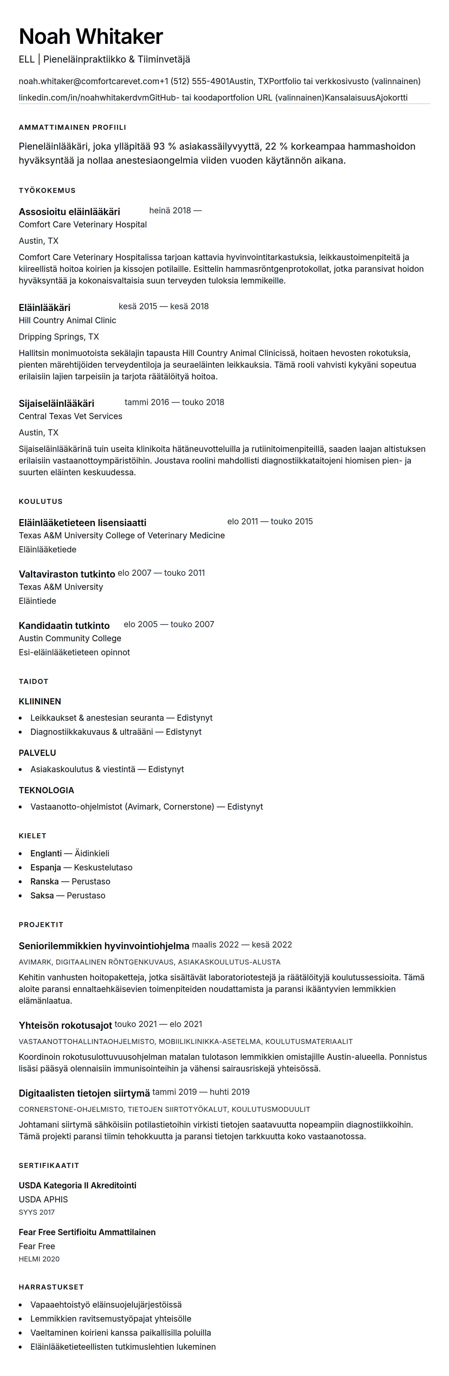 Ansioluetteloesikatselu kohteelle Eläinlääkärin ansioluettelo-esimerkki