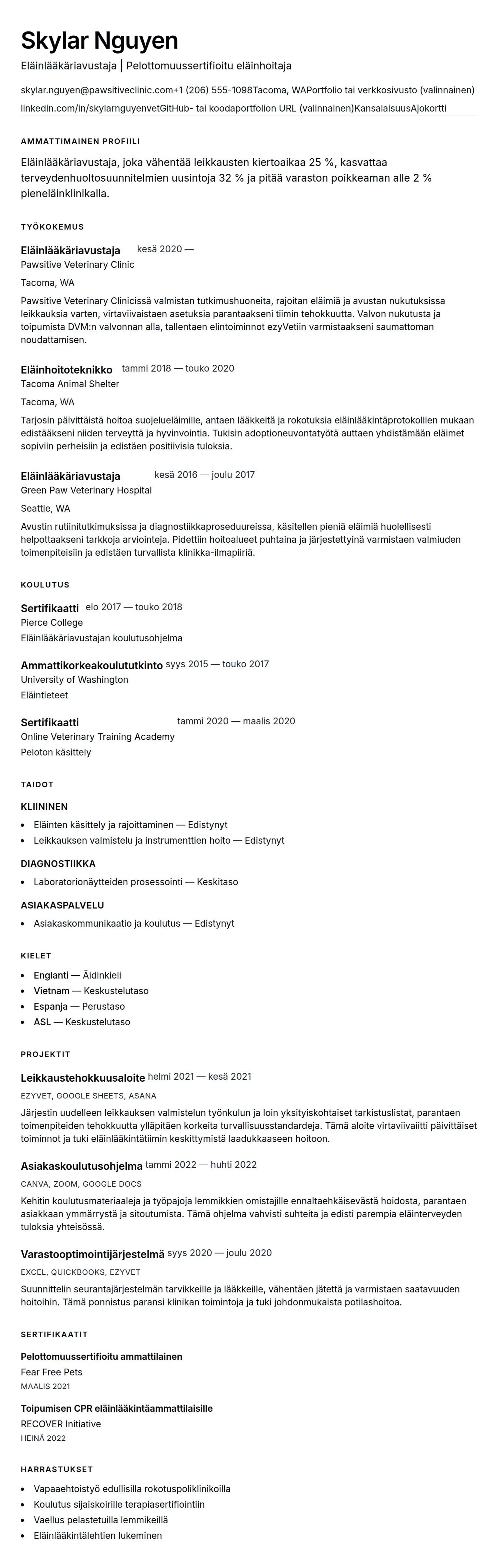 Ansioluetteloesikatselu kohteelle Eläinlääkäriavustajan ansioluetteloesimerkki