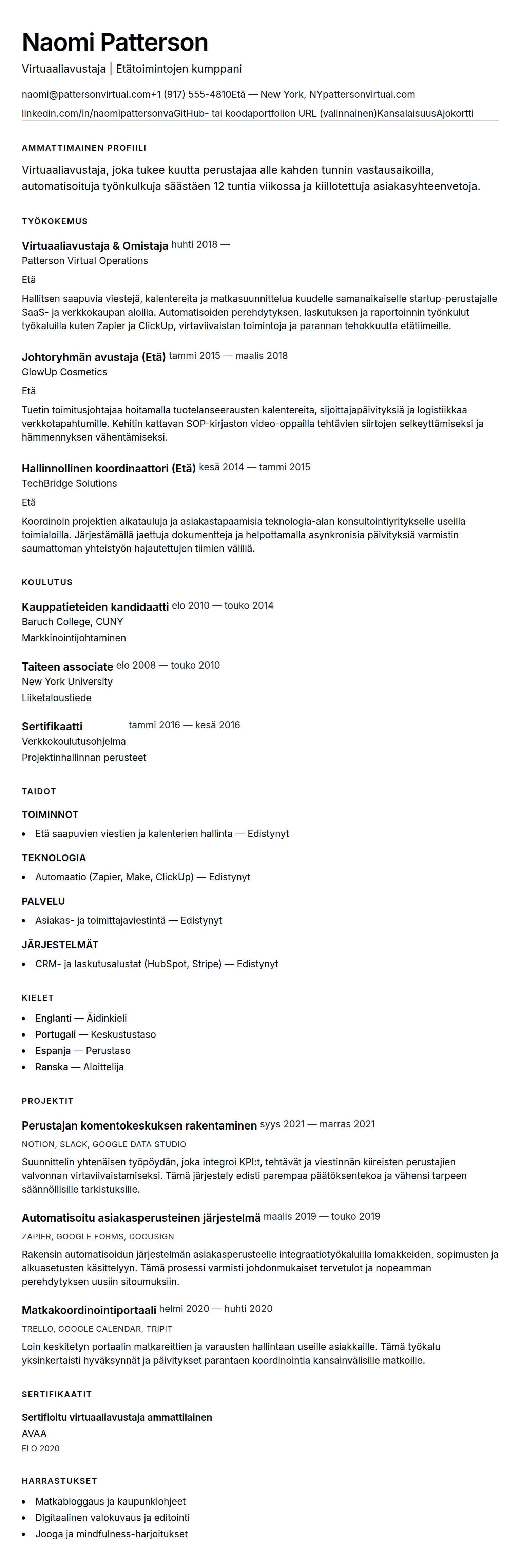Ansioluetteloesikatselu kohteelle Virtuaaliavustajan CV-esimerkki