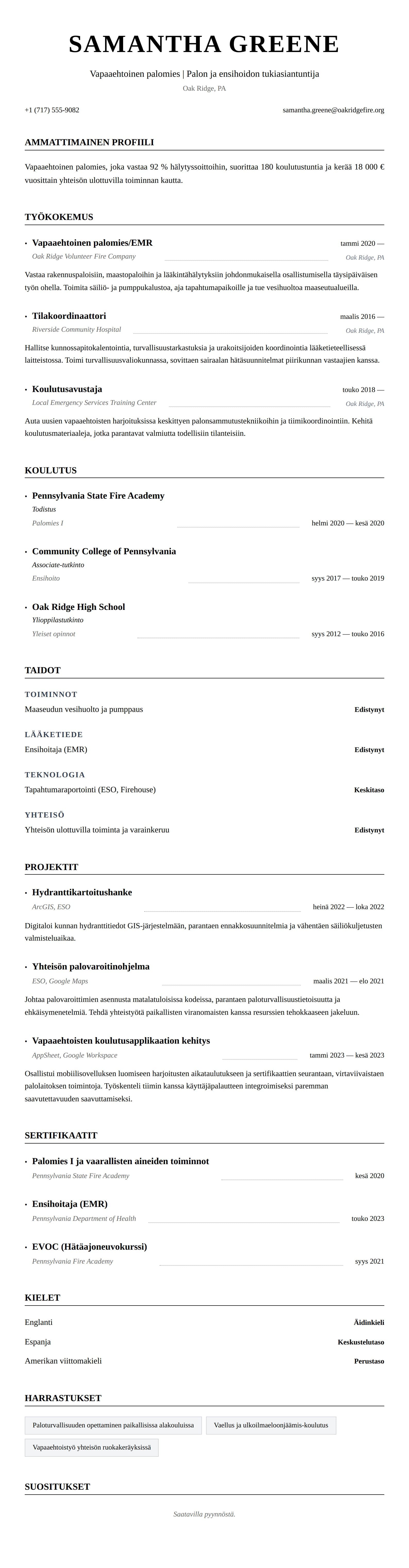 Ansioluetteloesikatselu kohteelle Vapaaehtoisen palomiehen CV-esimerkki