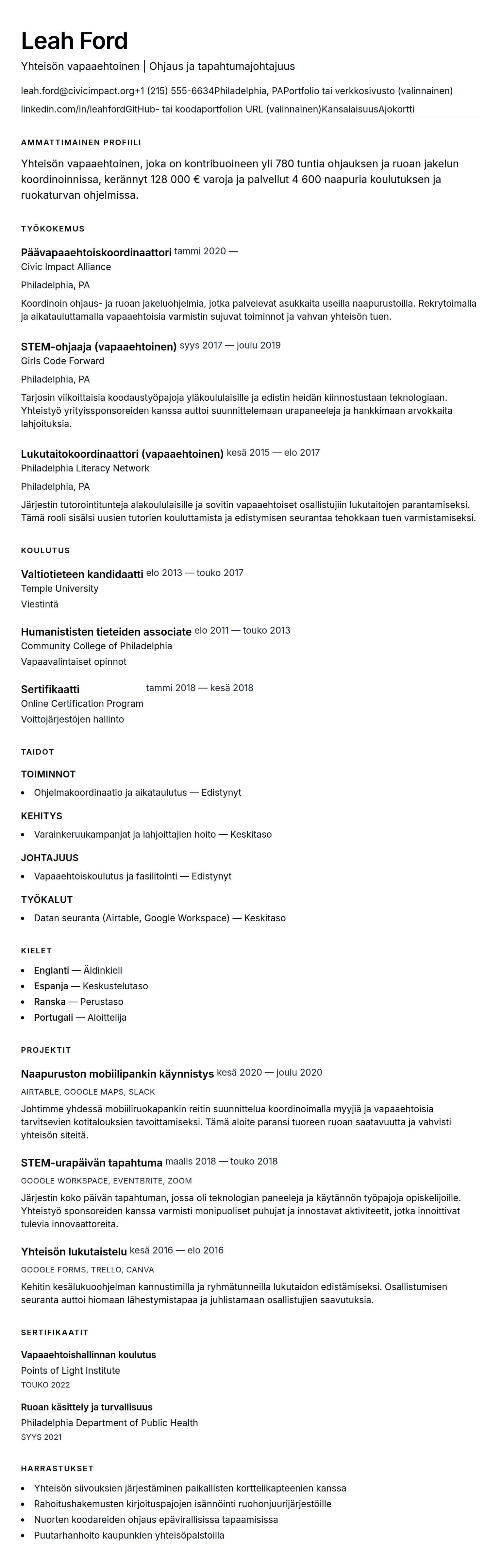 Ansioluetteloesikatselu kohteelle Vapaaehtoistyön CV-esimerkki