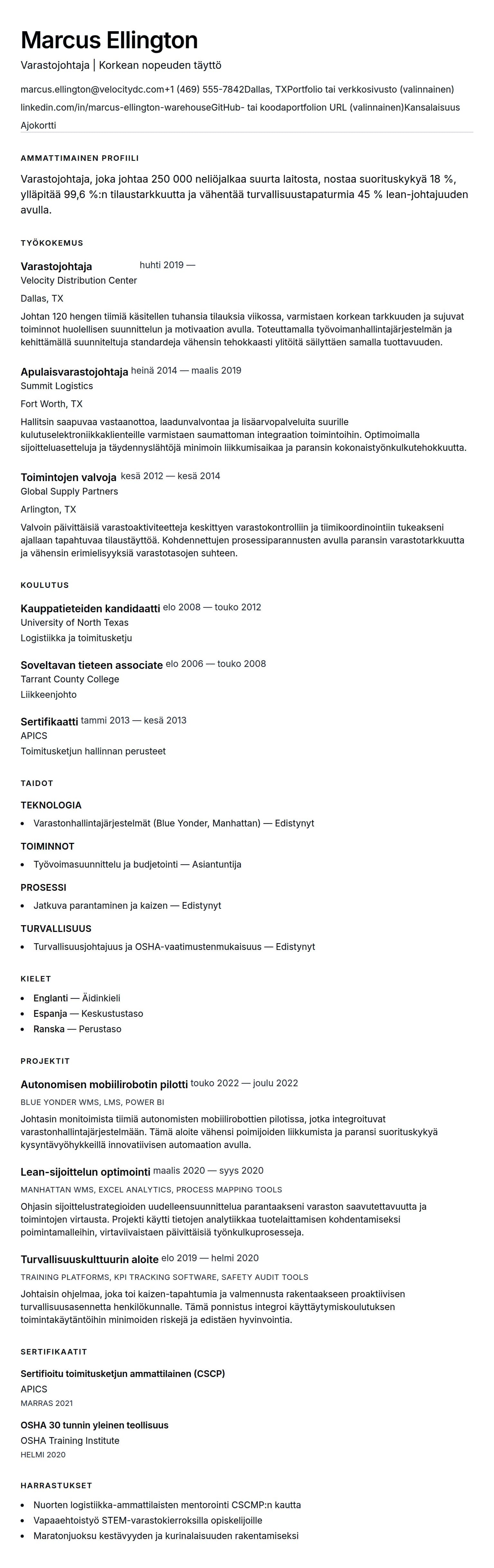 Ansioluetteloesikatselu kohteelle Varastojohtajan ansioluetteloesimerkki