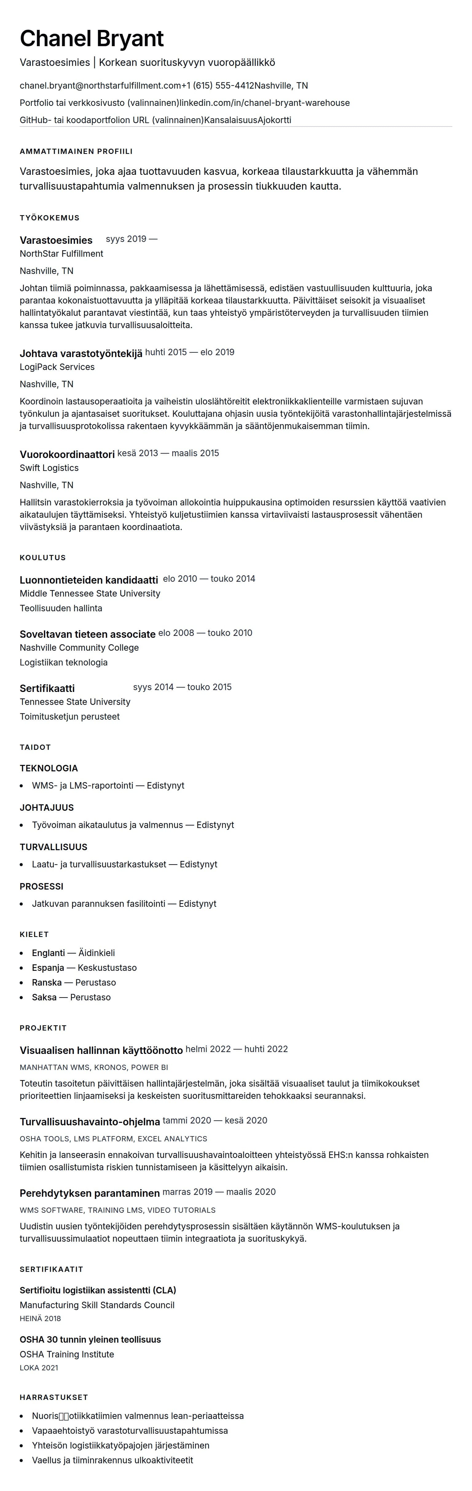 Ansioluetteloesikatselu kohteelle Varastoesimies CV-esimerkki
