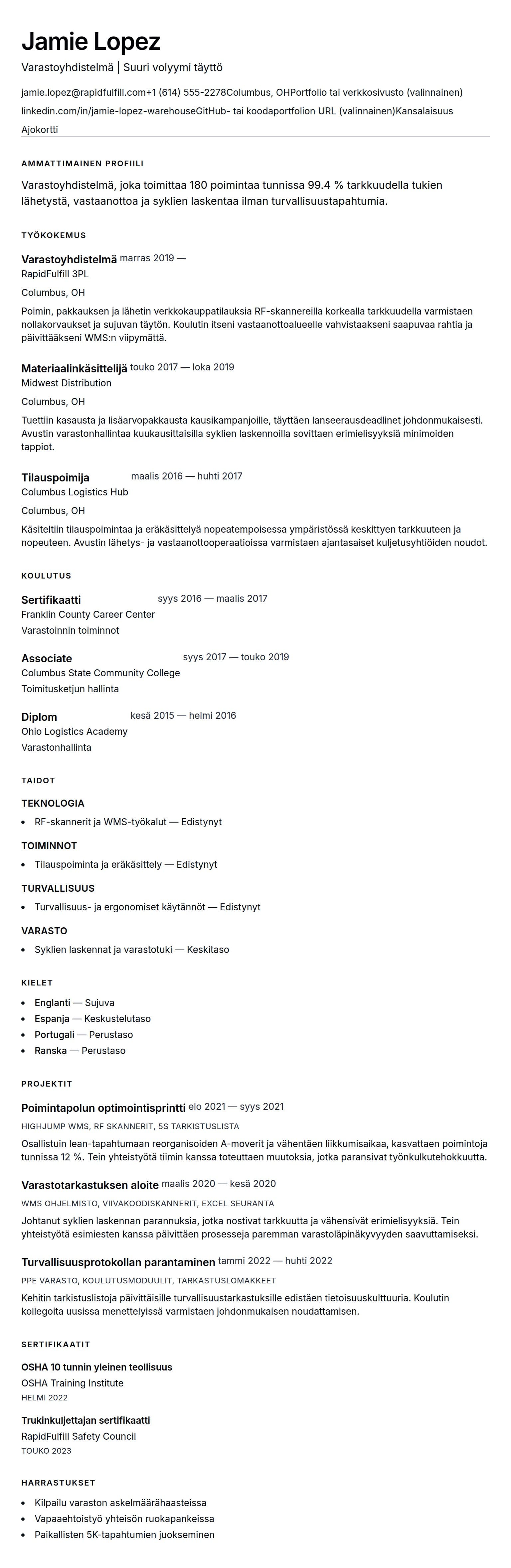 Ansioluetteloesikatselu kohteelle Varastotyöntekijän ansioluettelo esimerkki