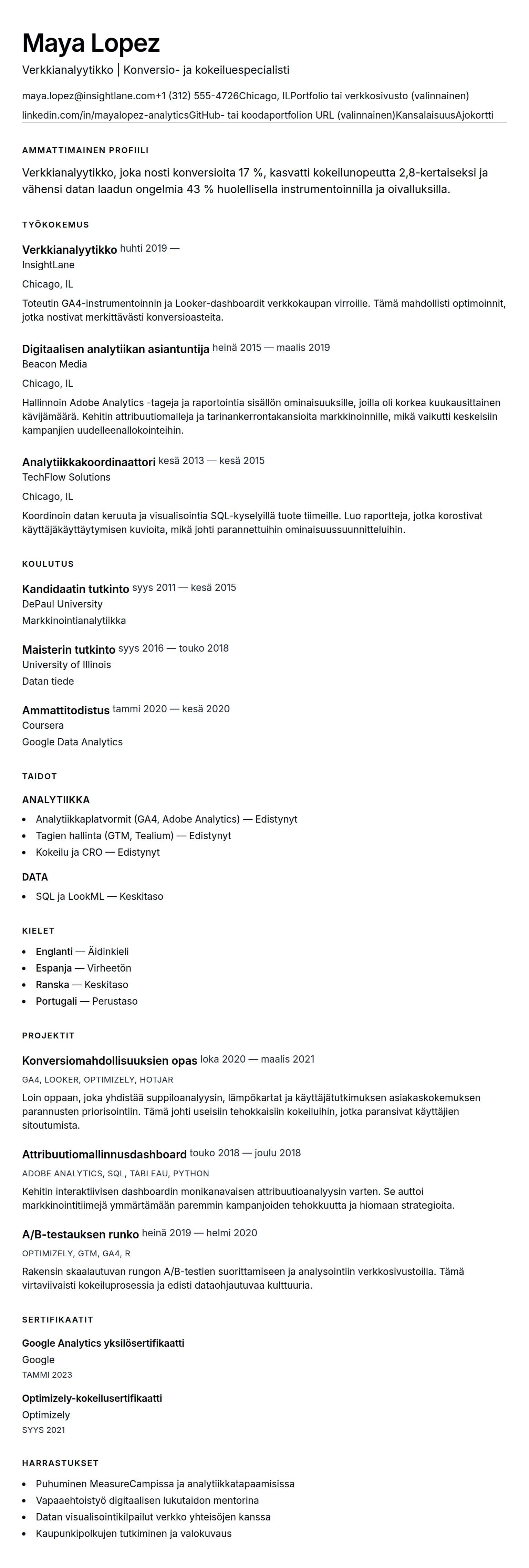 Ansioluetteloesikatselu kohteelle Verkkianalyytikon ansioluetteloesimerkki