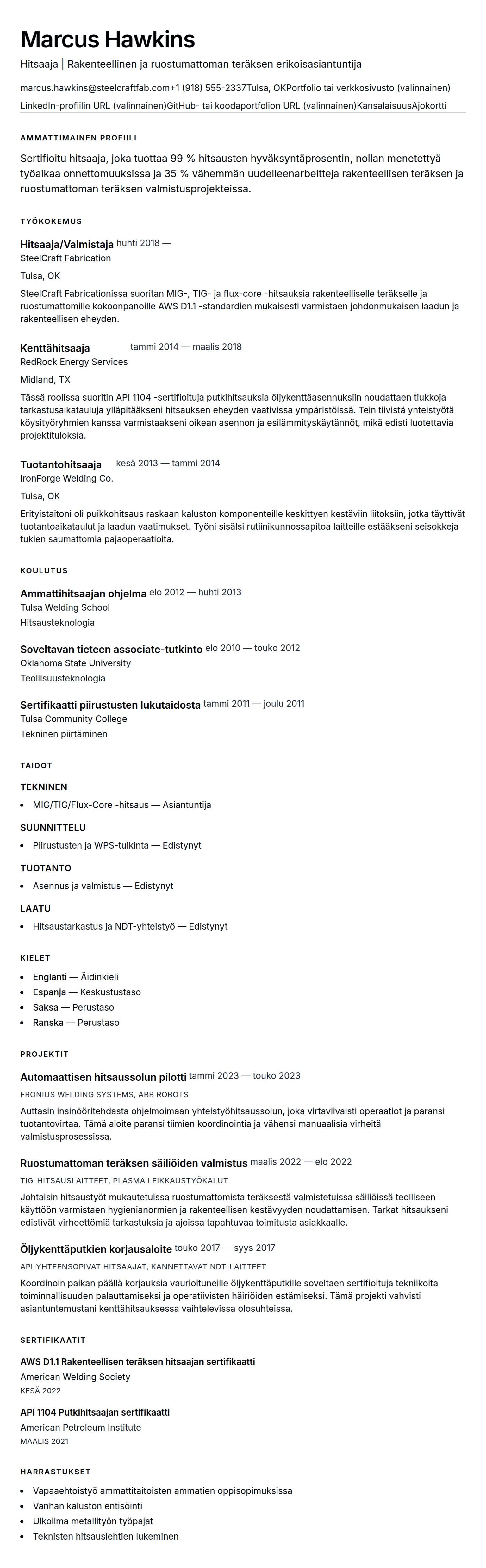 Ansioluetteloesikatselu kohteelle Esimerkki hitsaajan ansioluettelosta