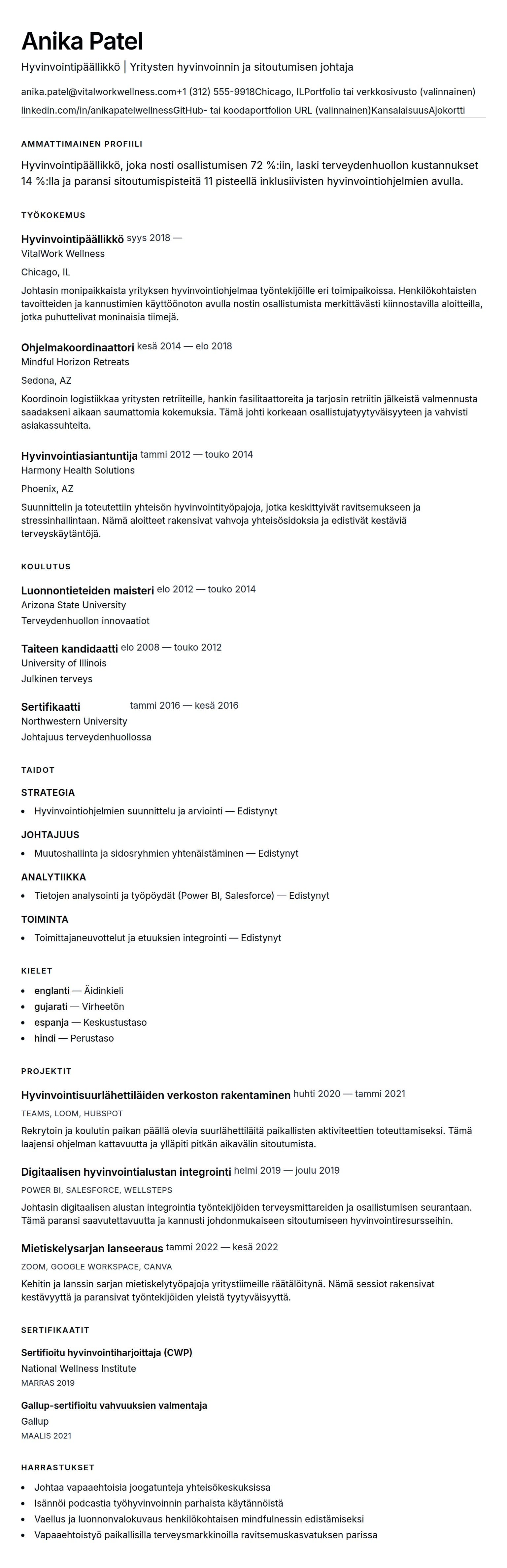 Ansioluetteloesikatselu kohteelle Hyvinvointipäällikön CV-esimerkki