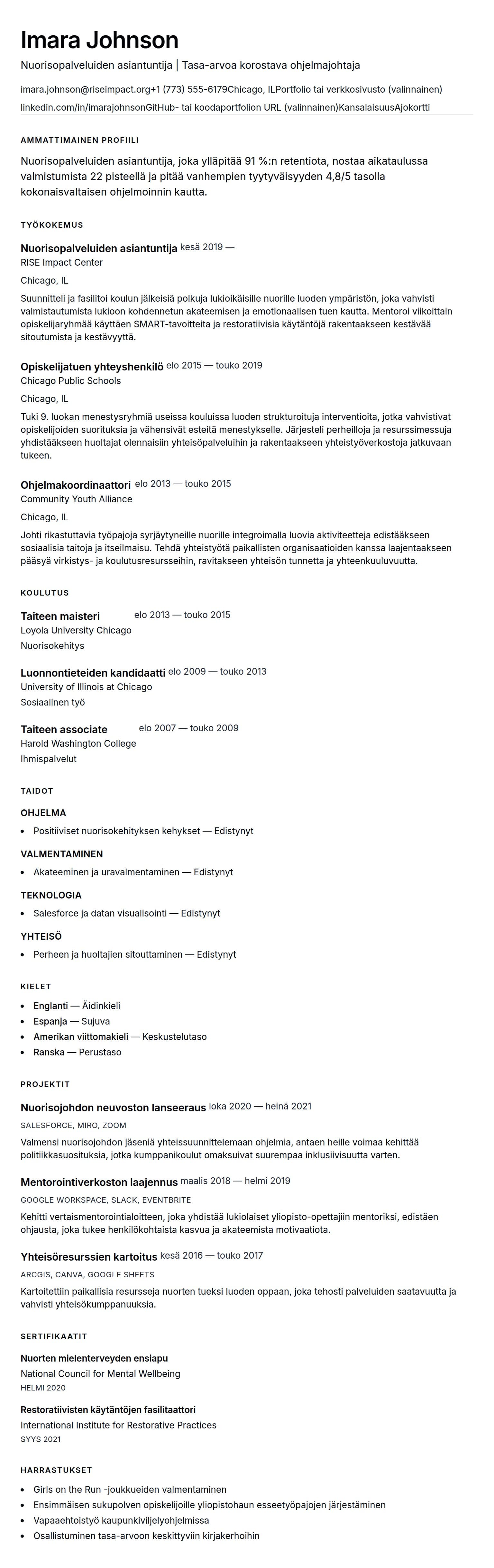 Ansioluetteloesikatselu kohteelle Nuorisopalveluiden asiantuntija CV-esimerkki