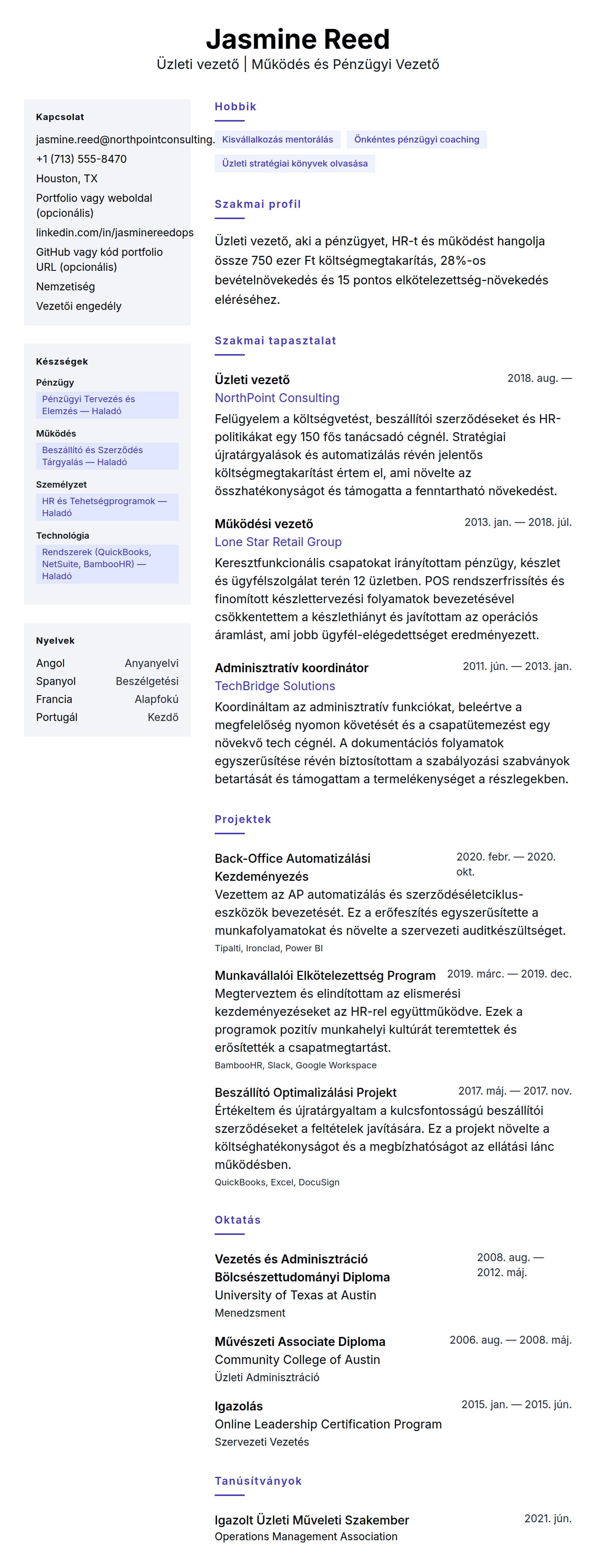 Üzleti vezető önéletrajz példa