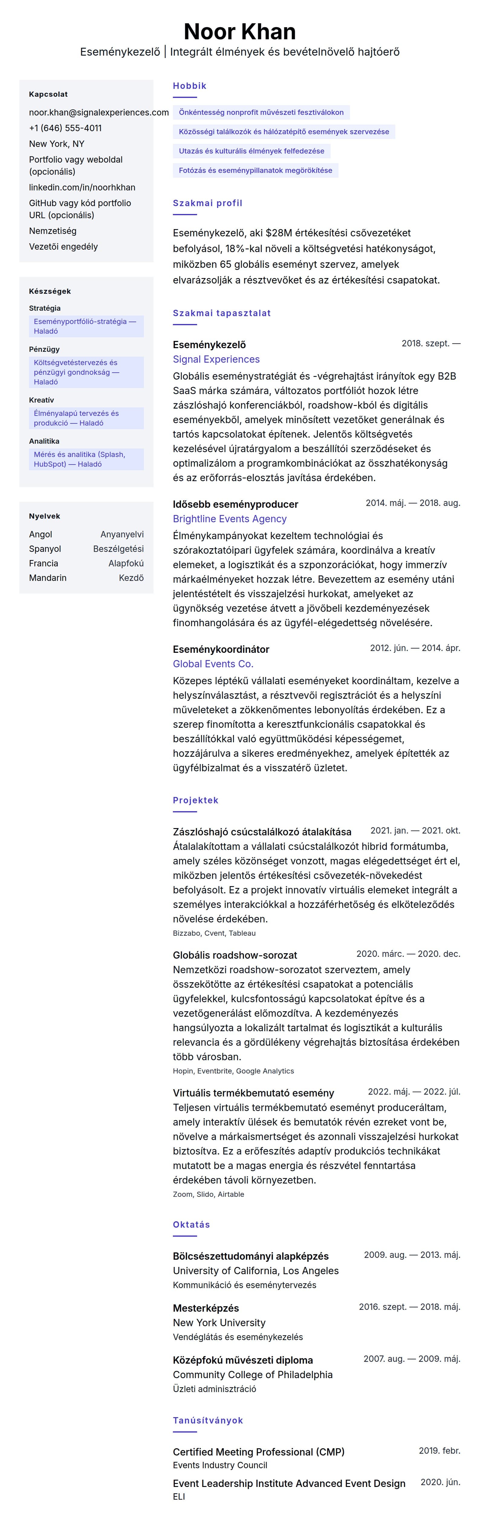 Önéletrajz előnézet ehhez: Eseménykezelő önéletrajz példa