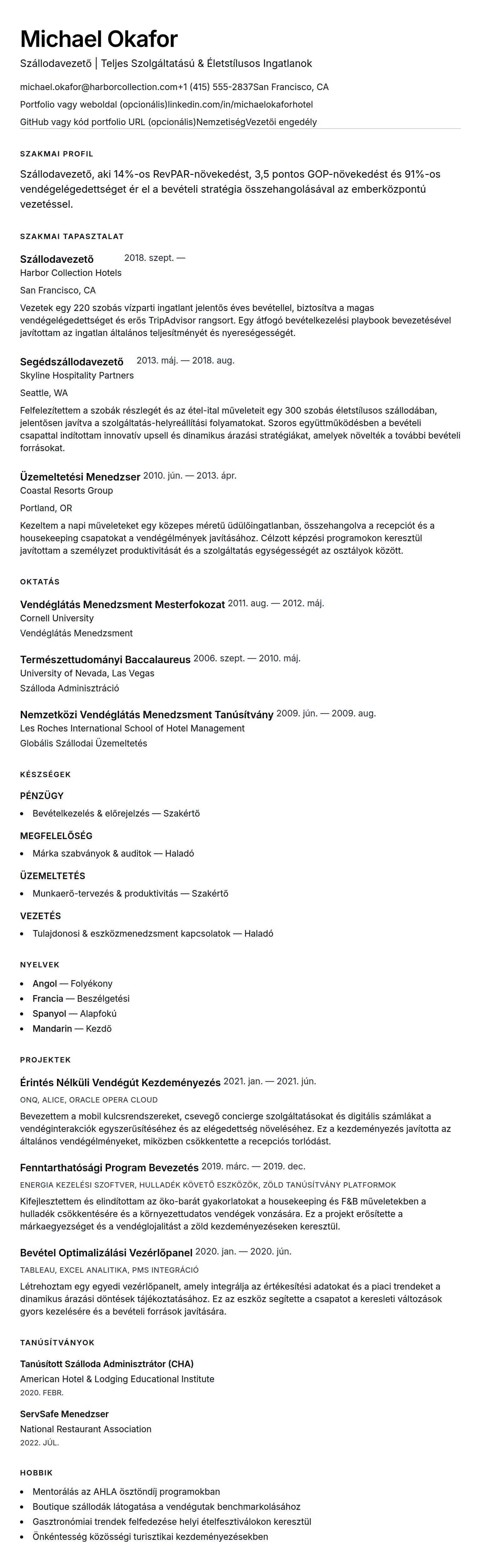 Önéletrajz előnézet ehhez: Szállodamenedzsment Önéletrajz Példa