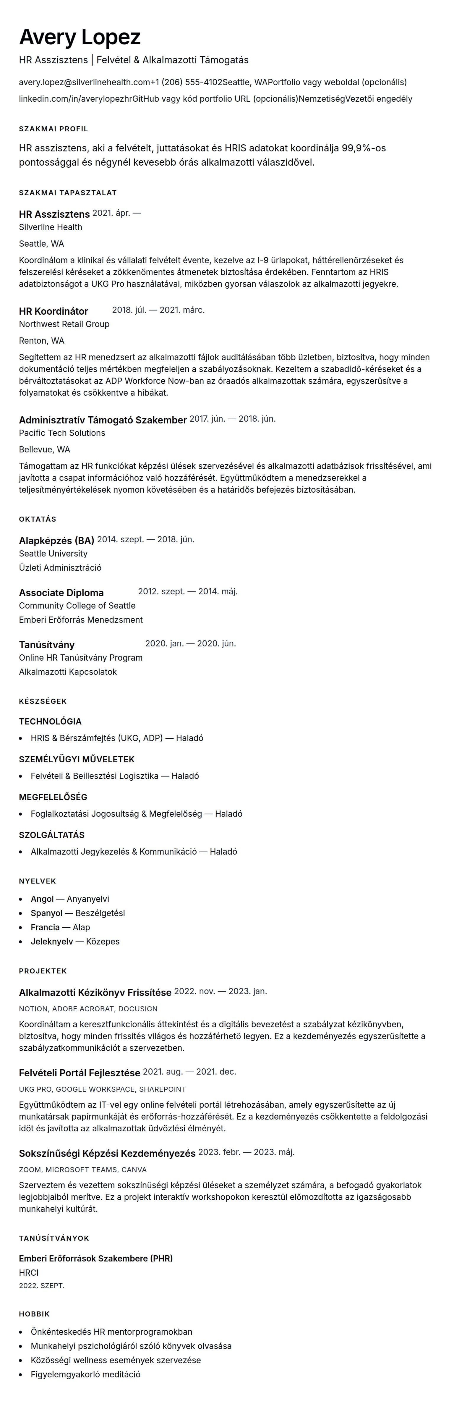 Önéletrajz előnézet ehhez: HR Asszisztens Önéletrajz Példa
