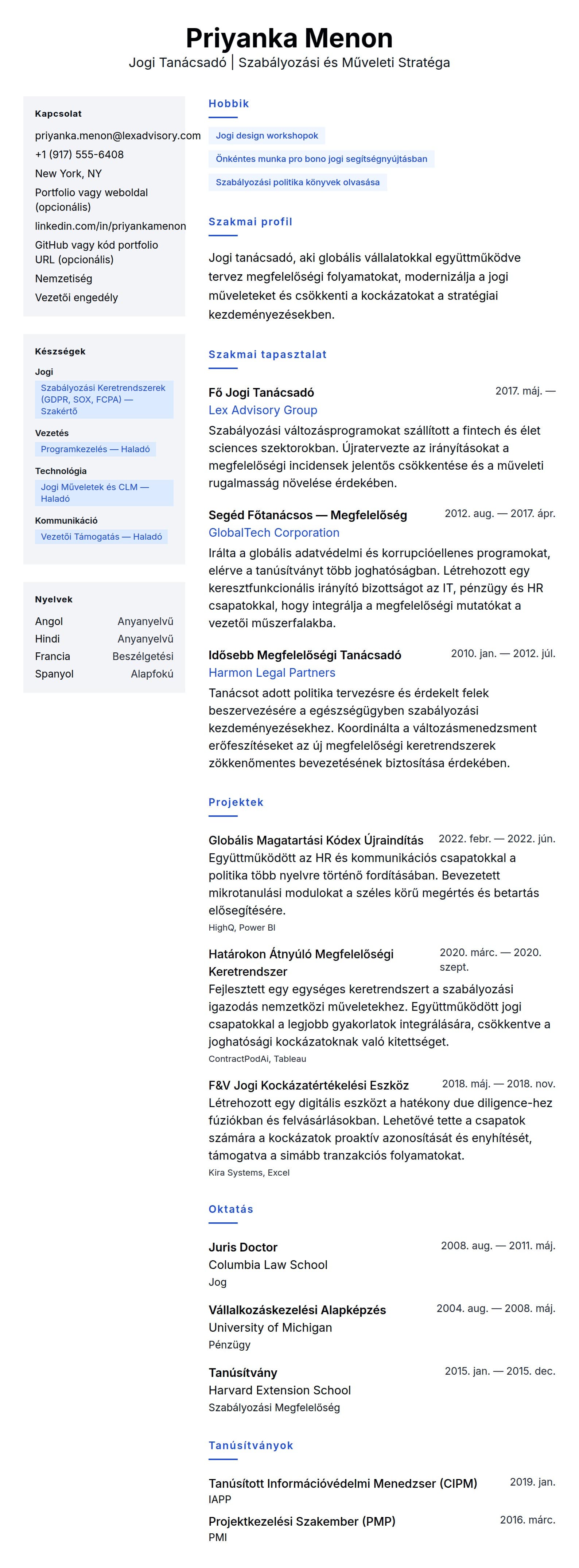 Önéletrajz előnézet ehhez: Jogi Tanácsadó Önéletrajz Példa
