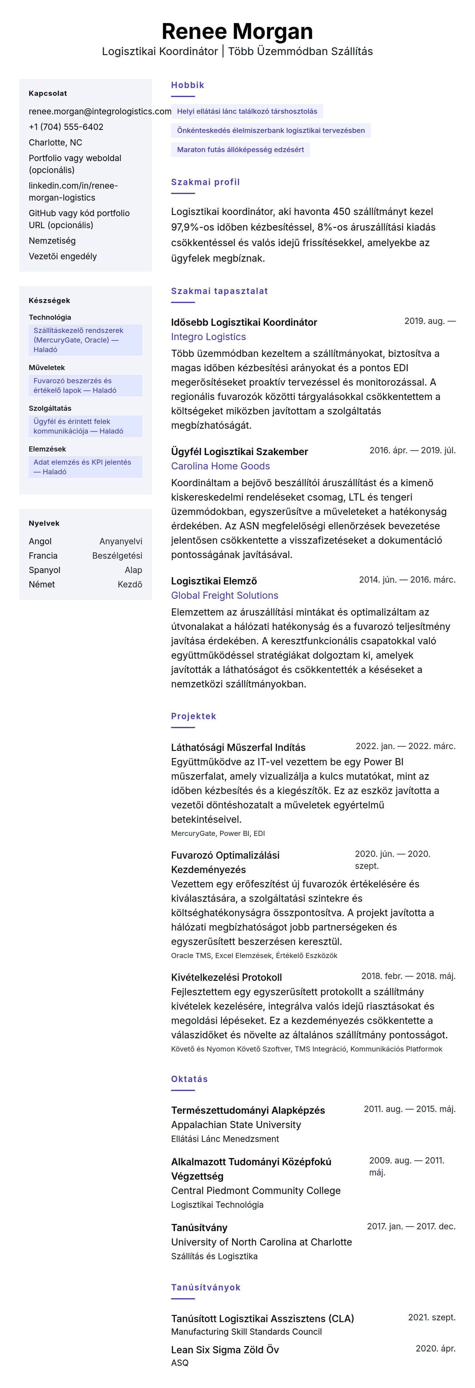 Önéletrajz előnézet ehhez: Logisztikai Koordinátor Önéletrajz Példa