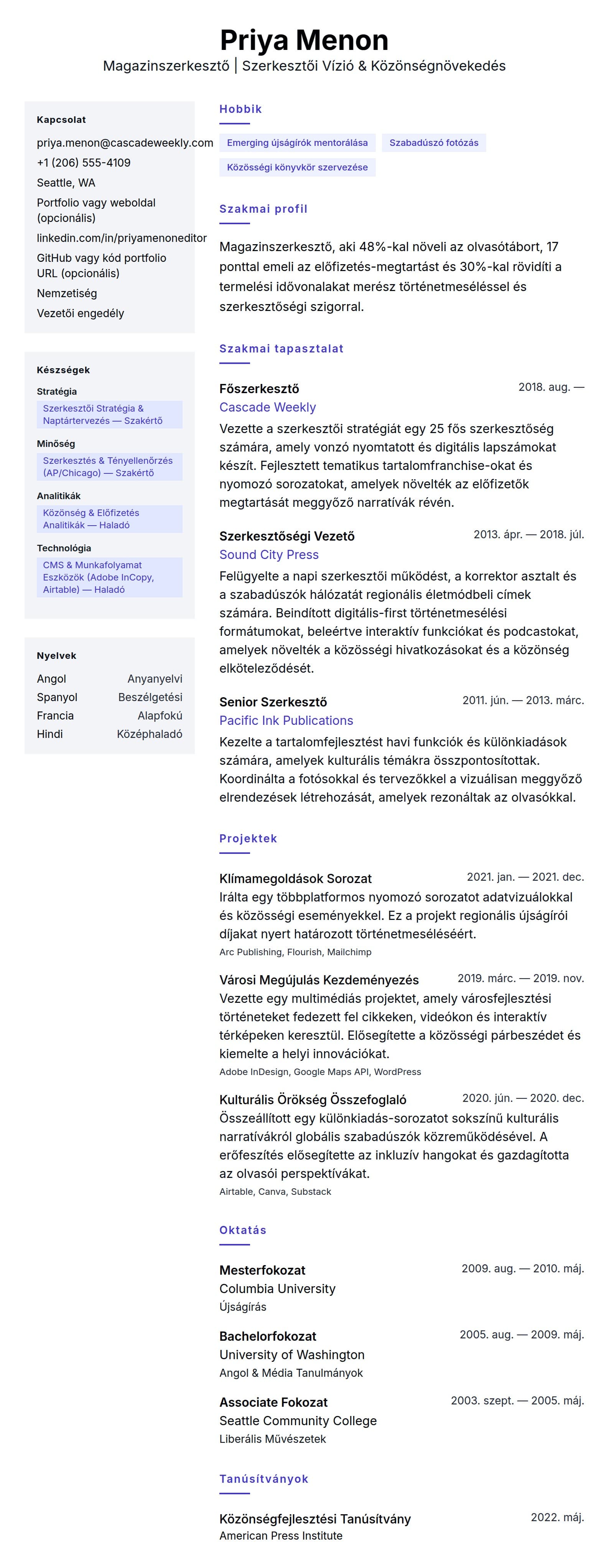 Önéletrajz előnézet ehhez: Magazinszerkesztő Önéletrajz Példa