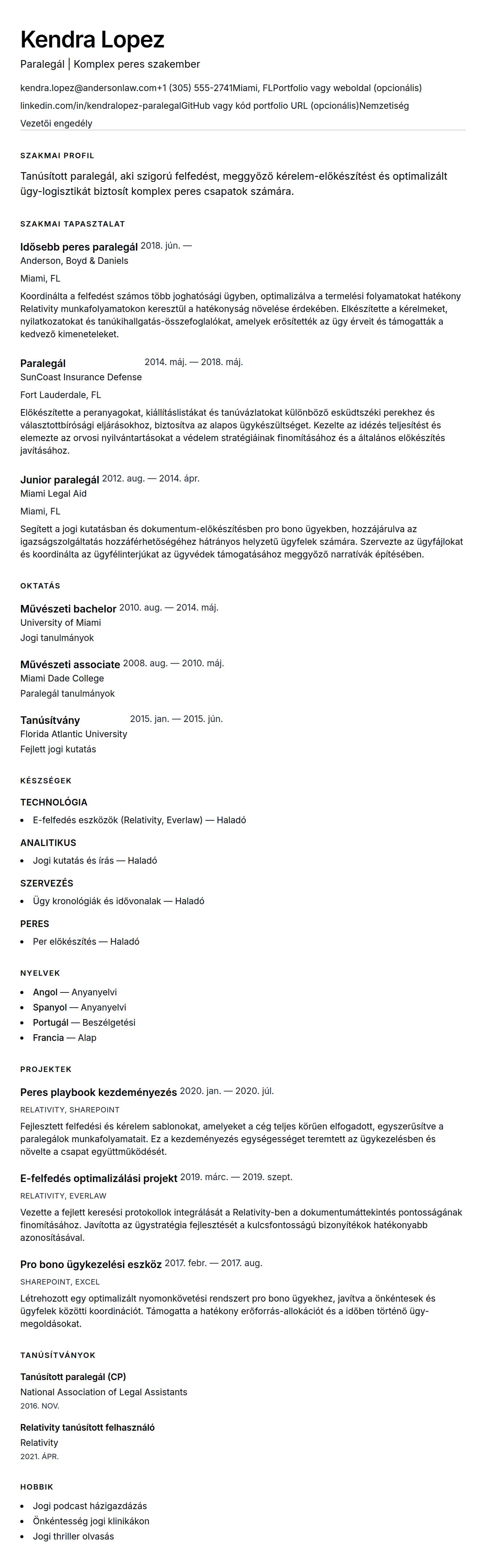 Paralegál Önéletrajz Példa