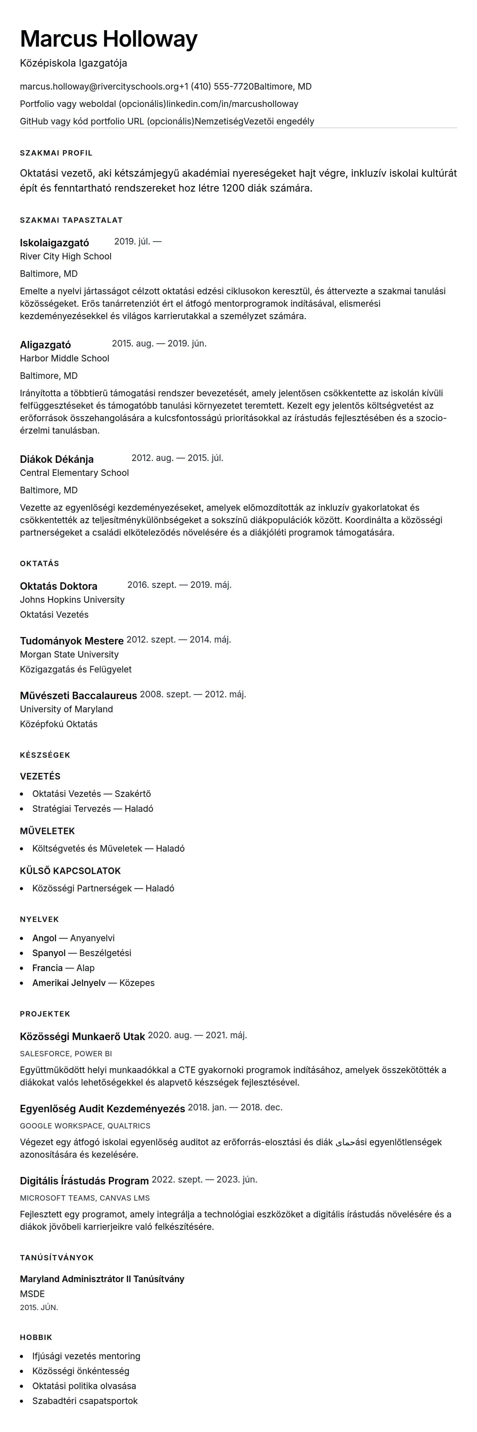 Önéletrajz előnézet ehhez: Iskolaigazgató Önéletrajz Példa
