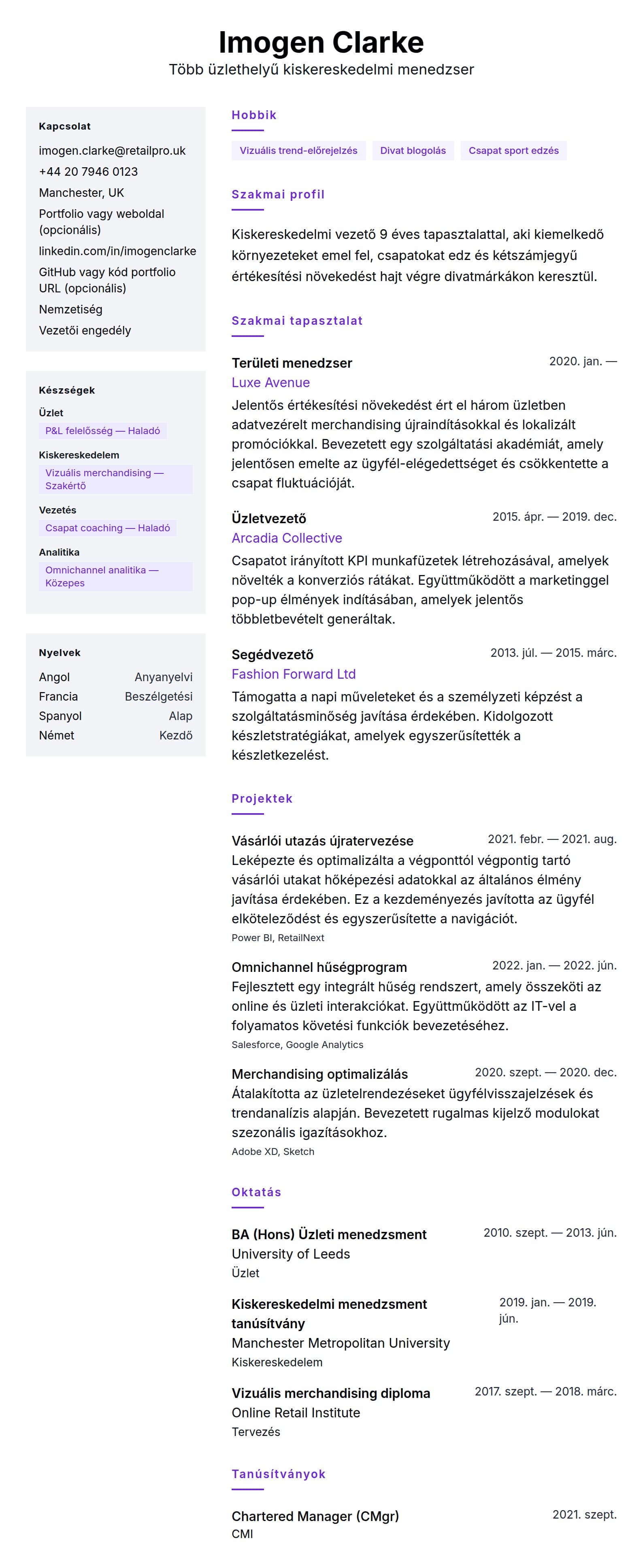 Önéletrajz előnézet ehhez: Kiskereskedelmi menedzser önéletrajz példa