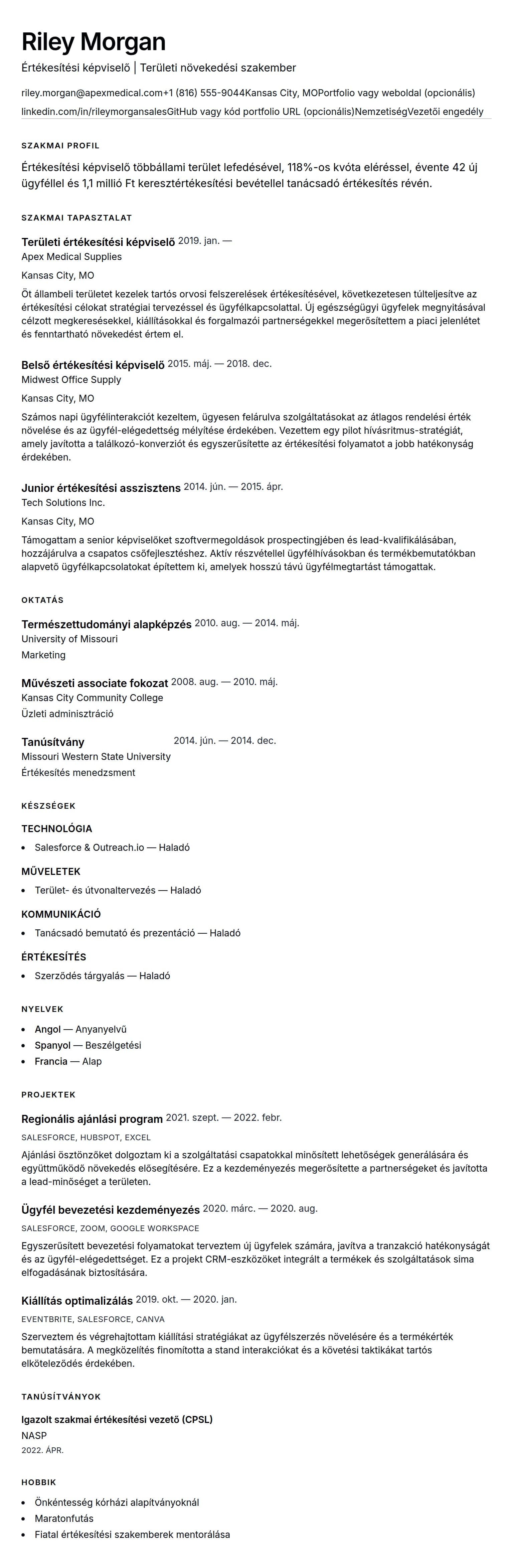 Önéletrajz előnézet ehhez: Értékesítési képviselő önéletrajz példa
