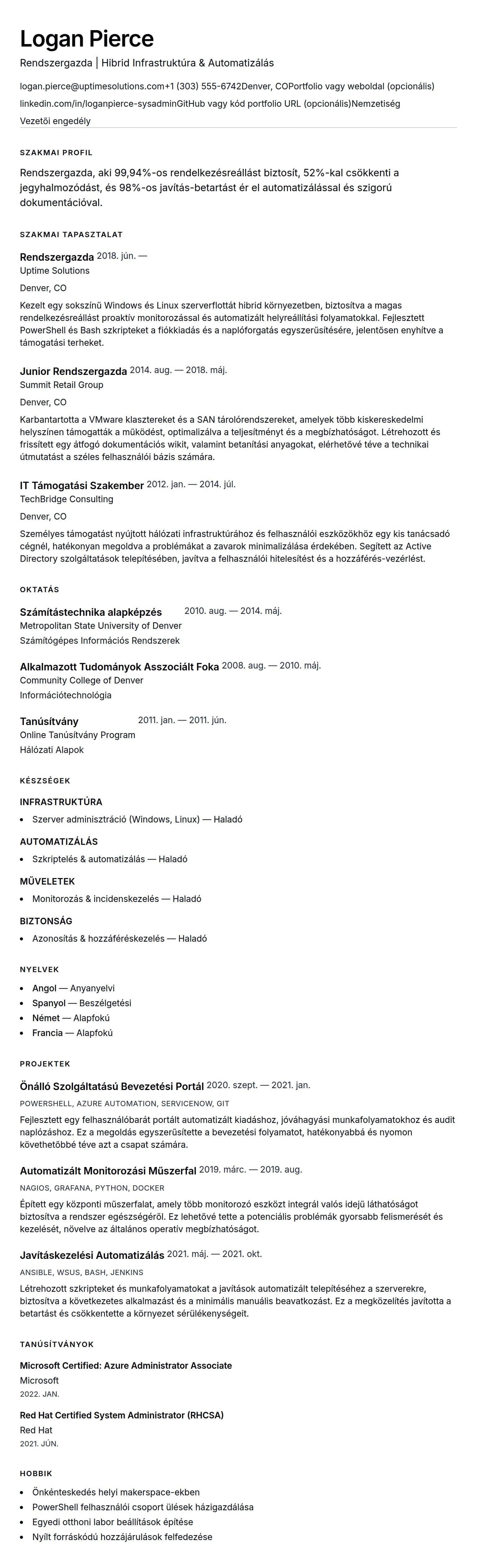 Önéletrajz előnézet ehhez: Rendszergazda Önéletrajz Példa