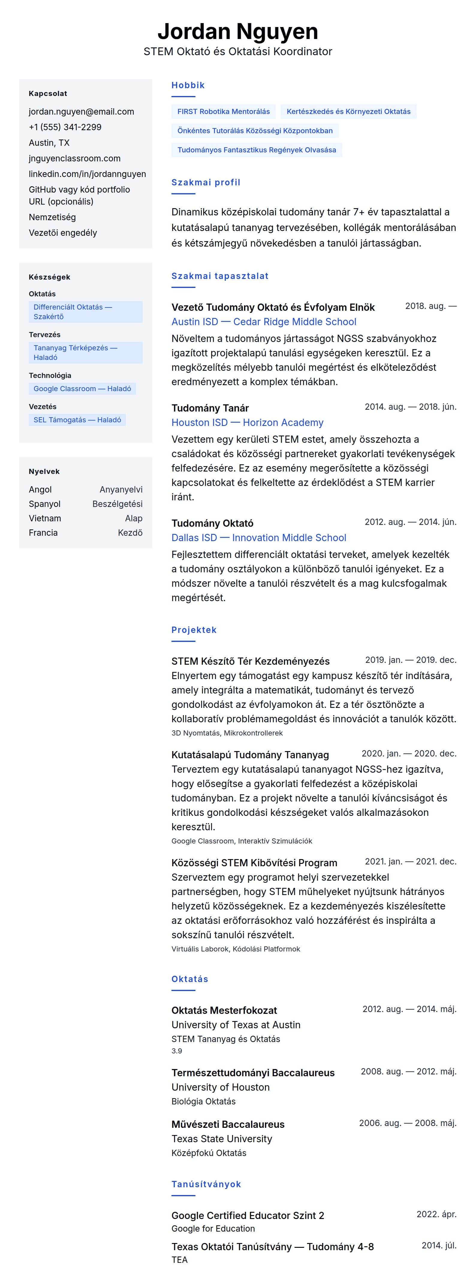 Önéletrajz előnézet ehhez: Tanári Önéletrajz Példa