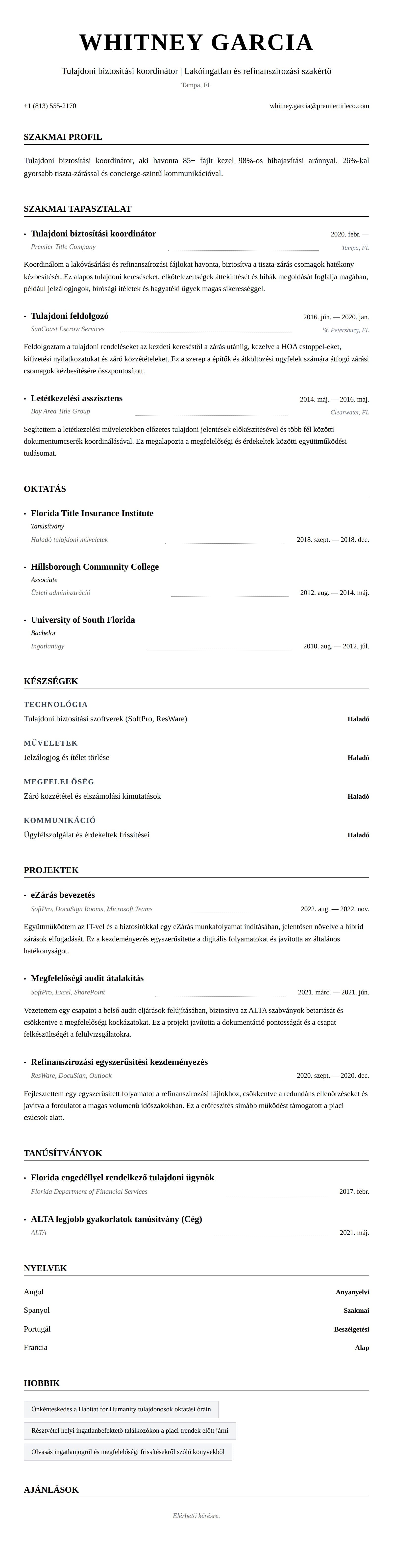 Önéletrajz előnézet ehhez: Tulajdoni biztosítási koordinátor önéletrajz példa