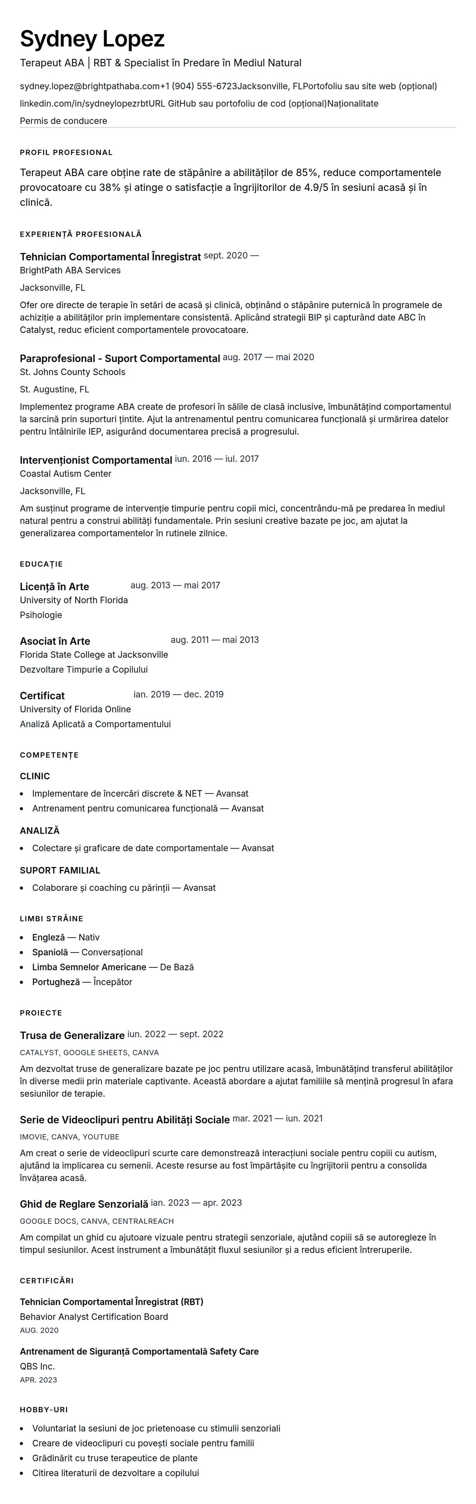 Exemplu de CV pentru Terapeut ABA