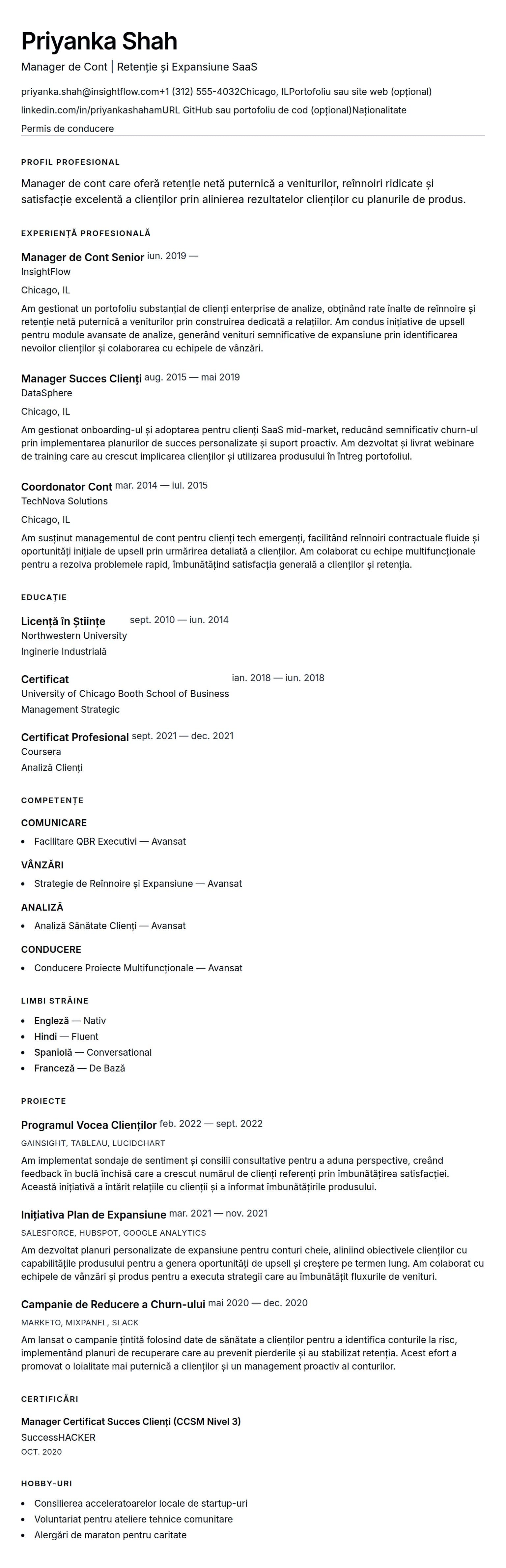 Previzualizare CV pentru Exemplu de CV pentru Manager de Cont