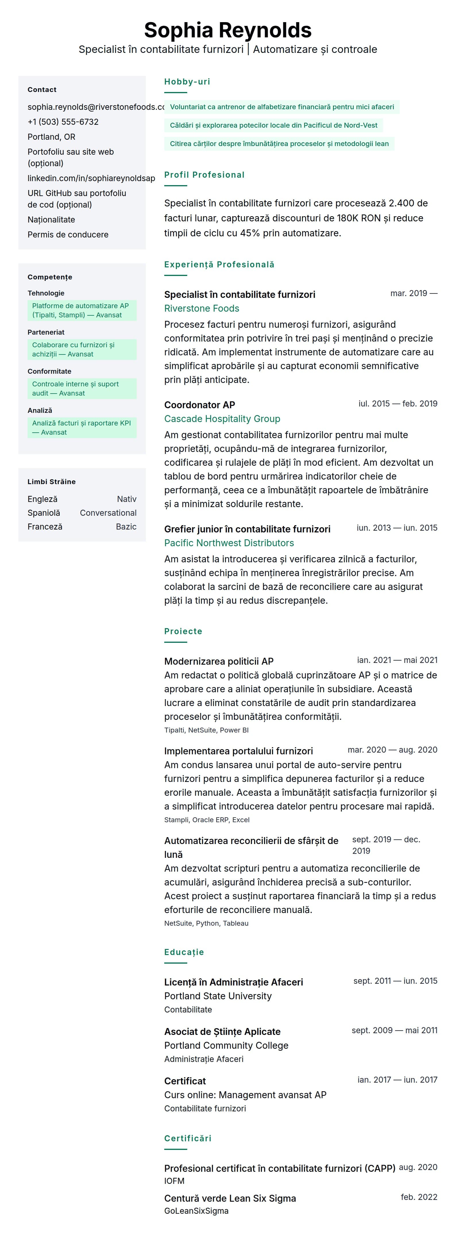 Previzualizare CV pentru Exemplu de CV pentru specialist în contabilitate furnizori