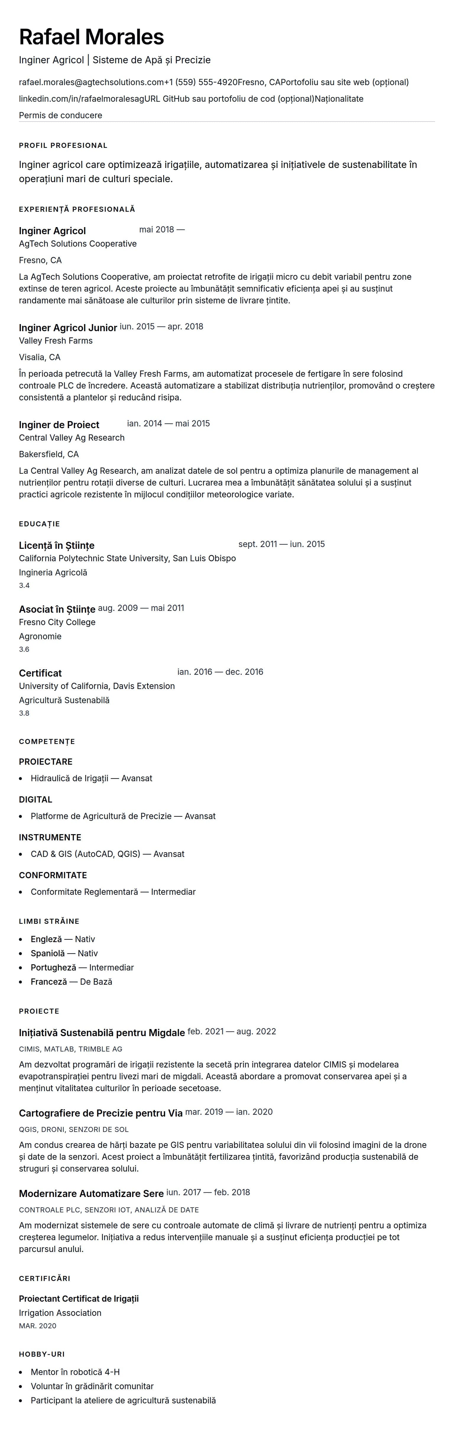 Exemplu de CV pentru Inginer Agricol