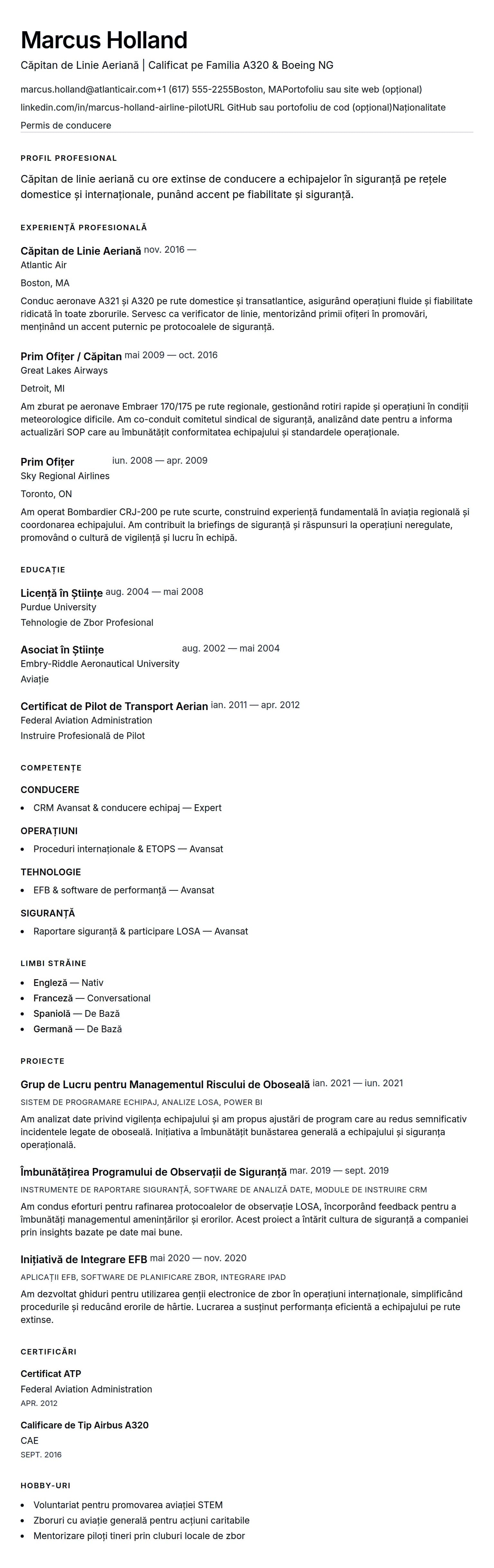 Exemplu de CV pentru Pilot de Linie Aeriană