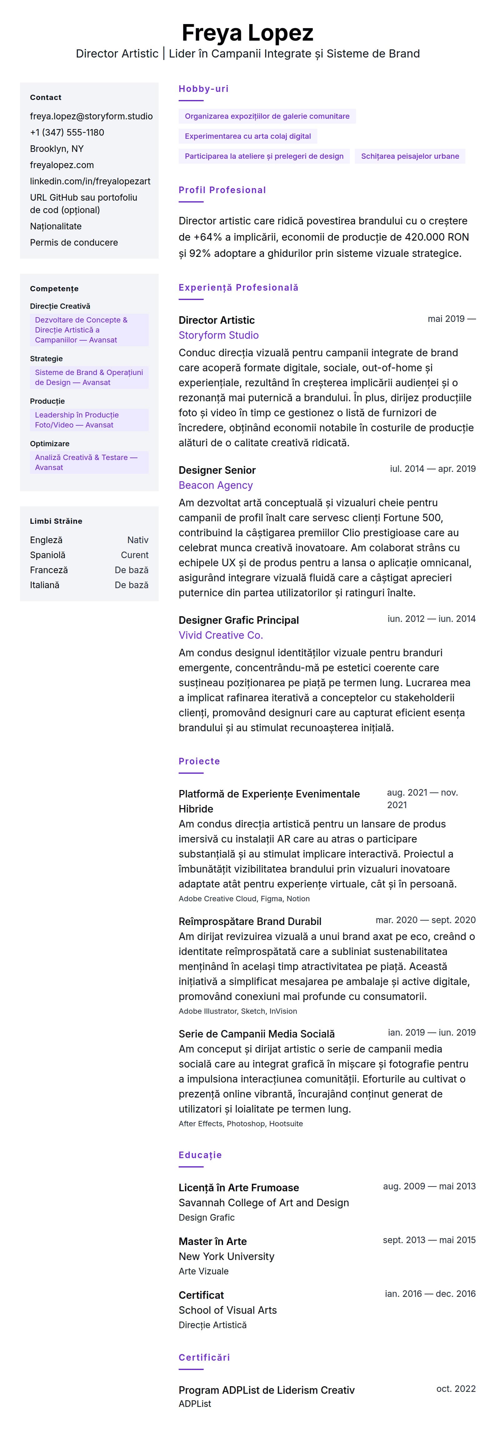 Exemplu de CV Director Artistic