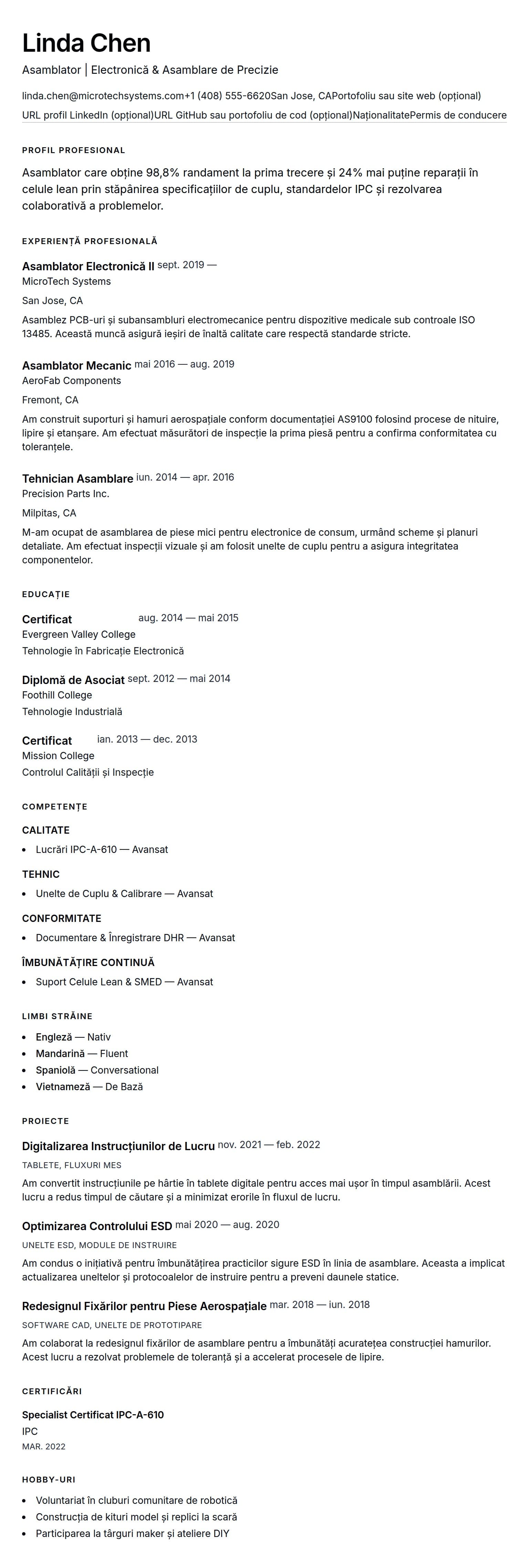 Exemplu de CV pentru Asamblator