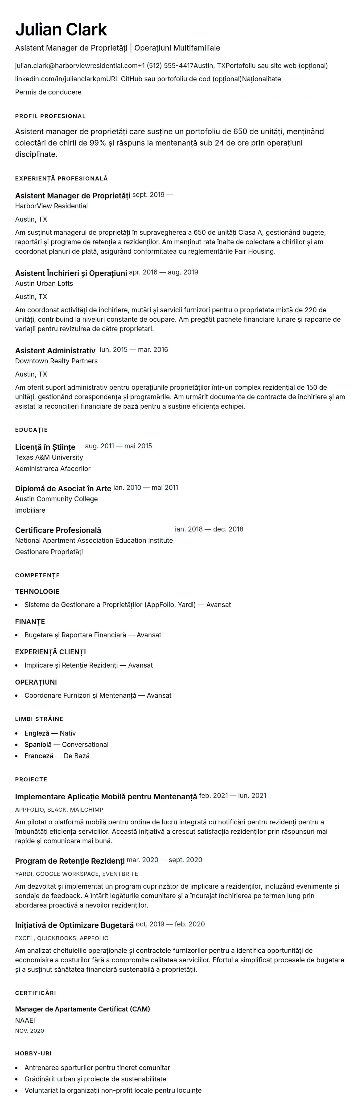 Exemplu de CV pentru Asistent Manager de Proprietăți