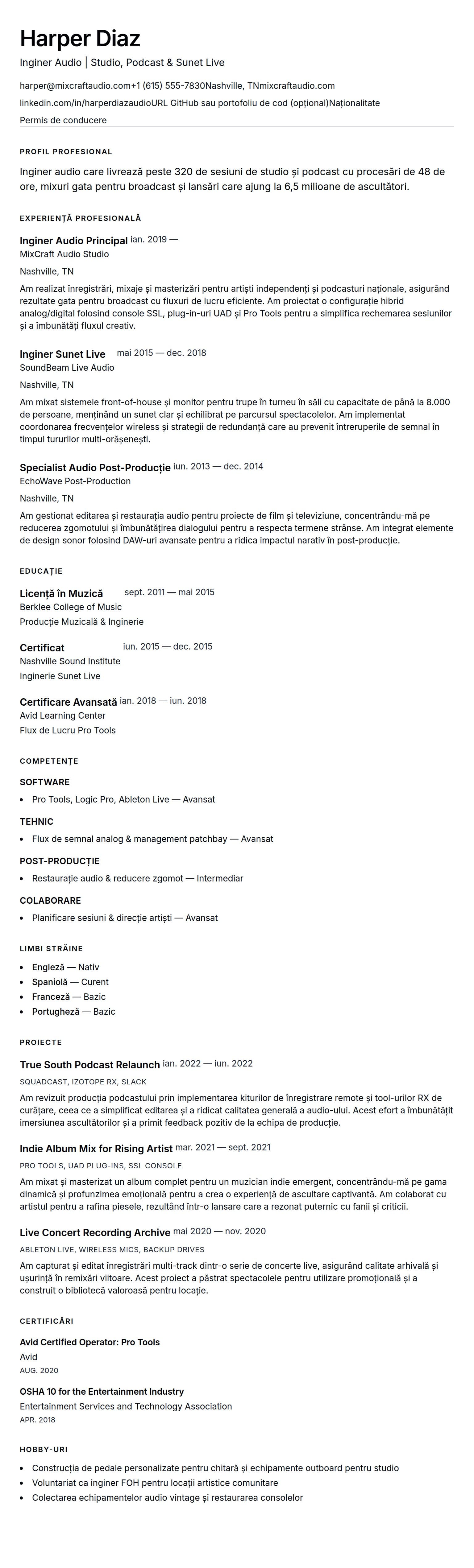 Previzualizare CV pentru Exemplu de CV Inginer Audio