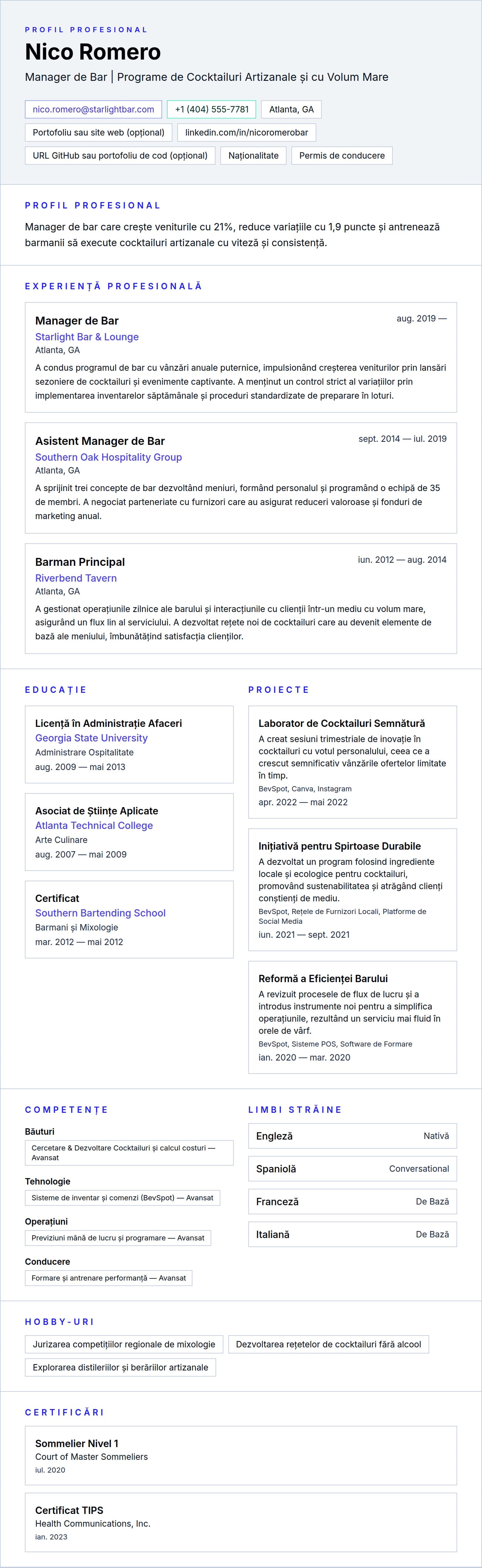 Previzualizare CV pentru Exemplu de CV pentru Manager de Bar