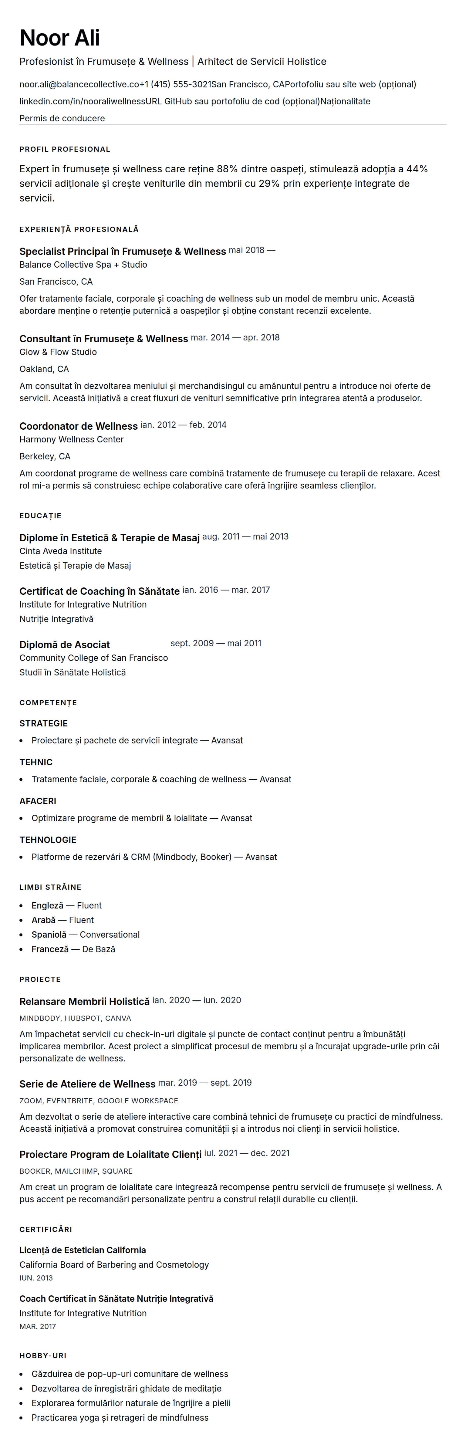 Exemplu de CV pentru Profesionist în Frumusețe și Wellness