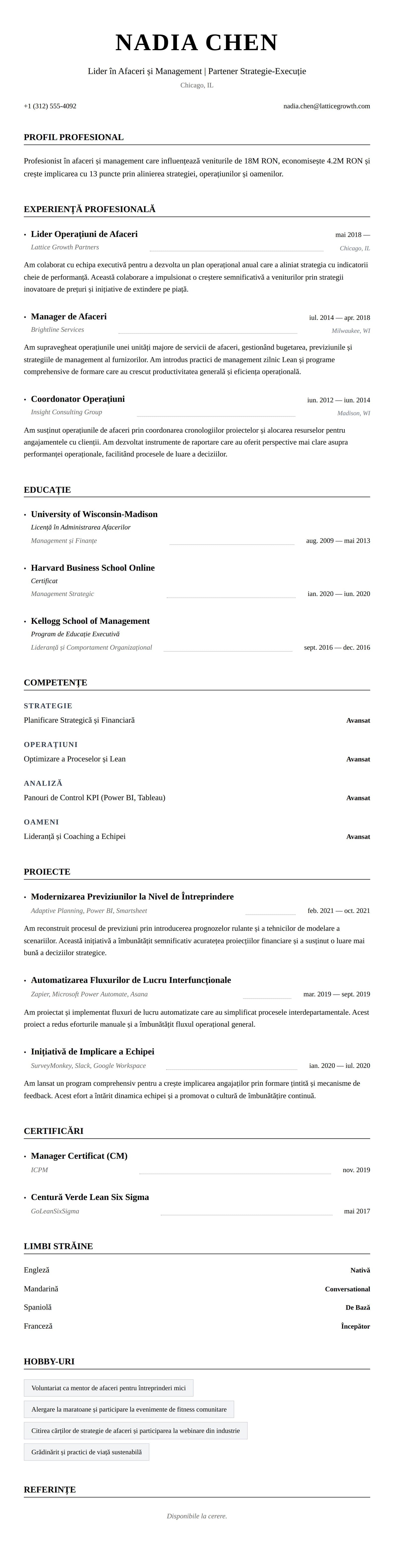 Exemplu de CV pentru Profesionist în Afaceri și Management