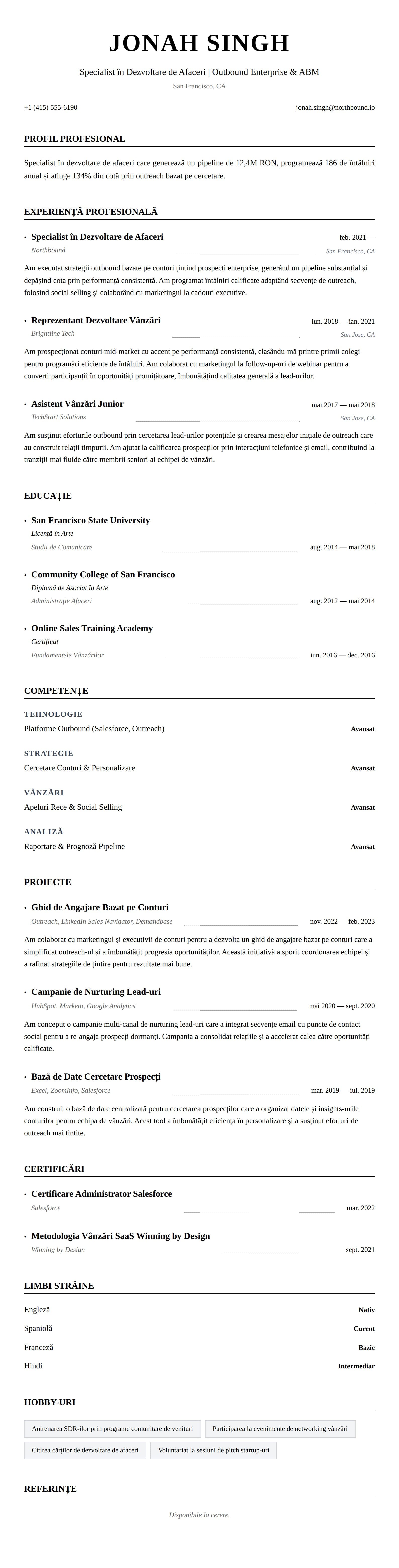 Exemplu de CV pentru Specialist în Dezvoltare de Afaceri