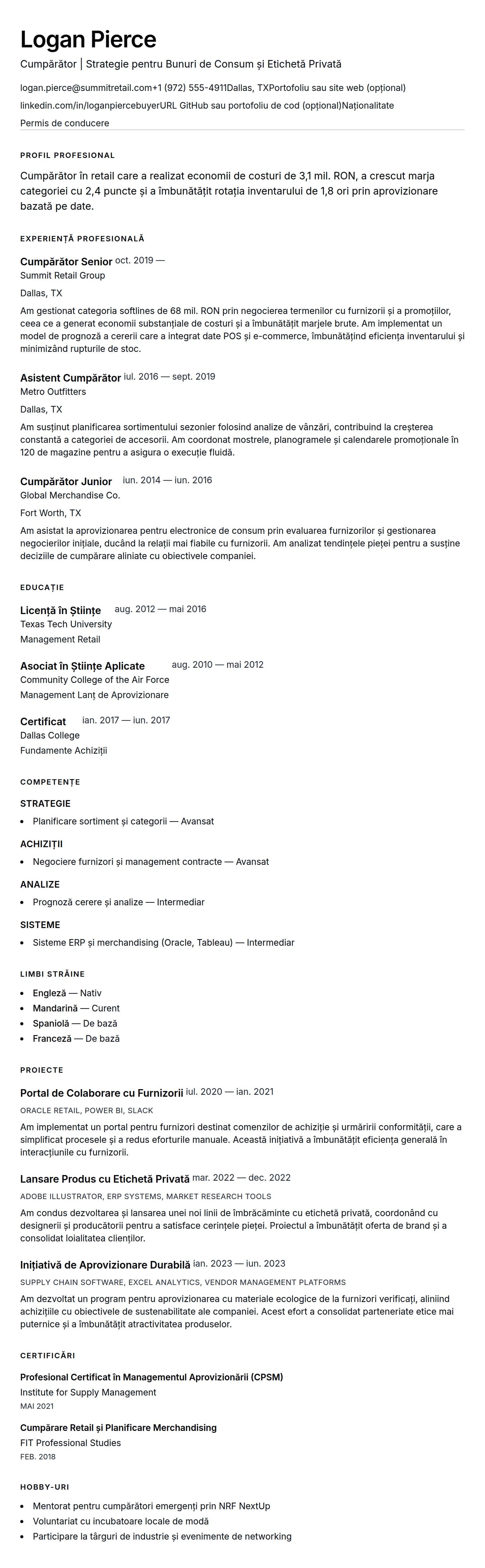 Exemplu de CV pentru Cumpărător
