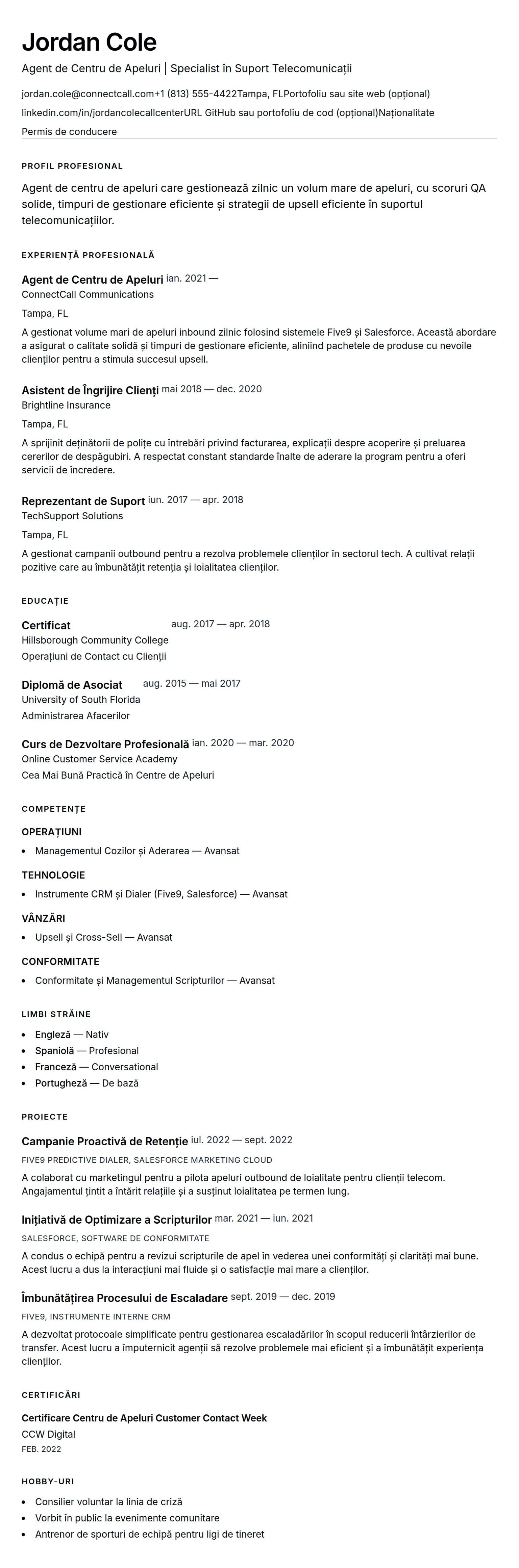 Previzualizare CV pentru Exemplu de CV pentru Agent de Centru de Apeluri