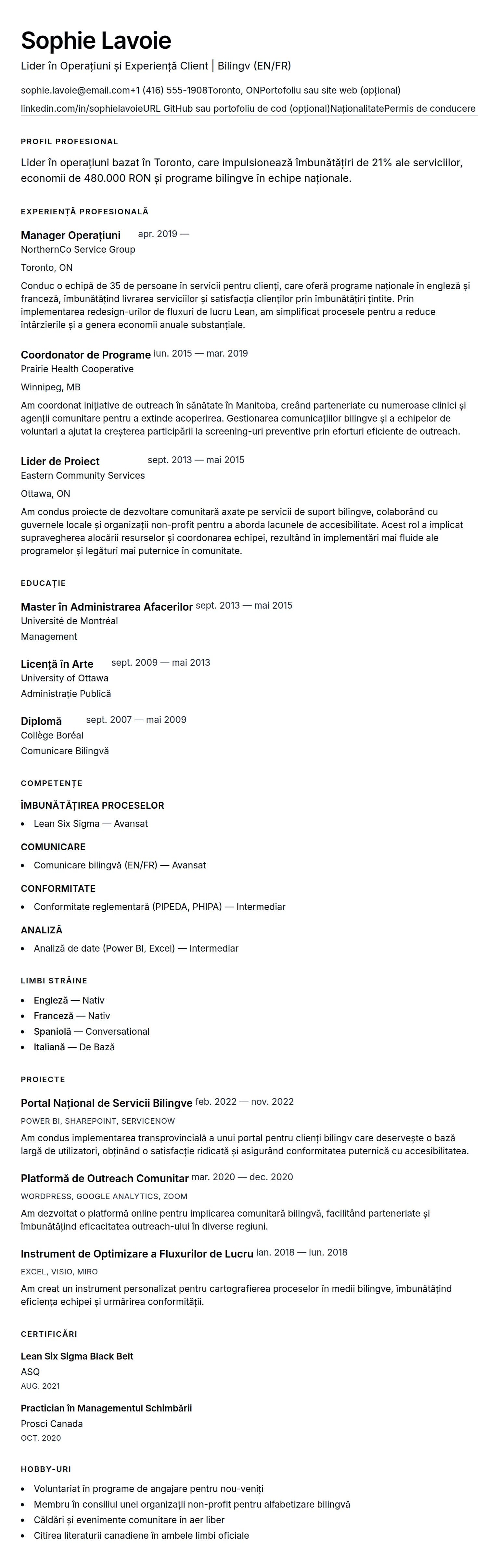 Exemplu de CV în Format Canadian